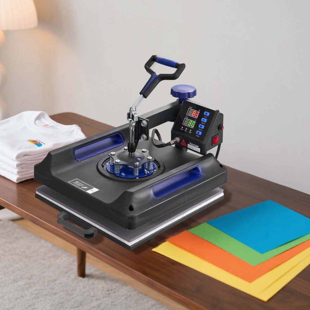 VEVOR Hitzepresse, 15 x 15 Zoll, 5-in-1-Wärmeübertragungsmaschine mit 30-oz-Tumbler-Presse, 360° wegschwenkbares digitales T-Shirt-Pressen, Teflonbeschichtung, für T-Shirts/Tassen/Hüte/Teller, Schwarz+Blau