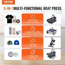 VEVOR Hitzepresse, 15 x 15 Zoll, 5-in-1-Wärmeübertragungsmaschine mit 30-oz-Tumbler-Presse, 360° wegschwenkbares digitales T-Shirt-Pressen, Teflonbeschichtung, für T-Shirts/Tassen/Hüte/Teller, Schwarz+Blau