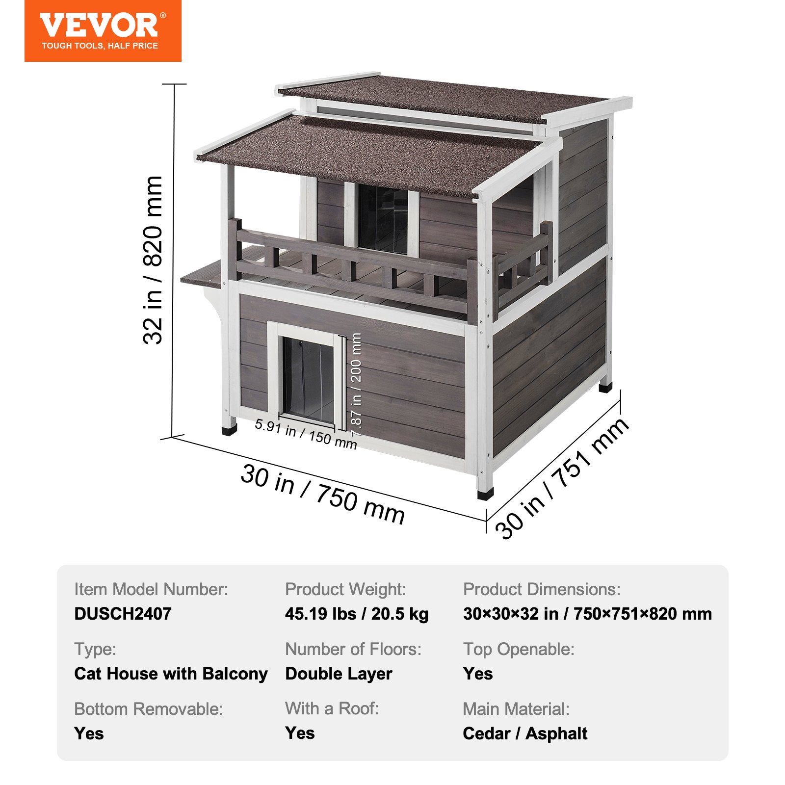 VEVOR Outdoor Cat House, Weatherproof, Shelter for Wild Cats for Multiple Cats, Large 2-Story Wooden Outdoor Cat House with Balcony, Doors, PVC Door Flaps and Open Roof, 76.2 cm L x 76.2 cm W x 81.3 cm H