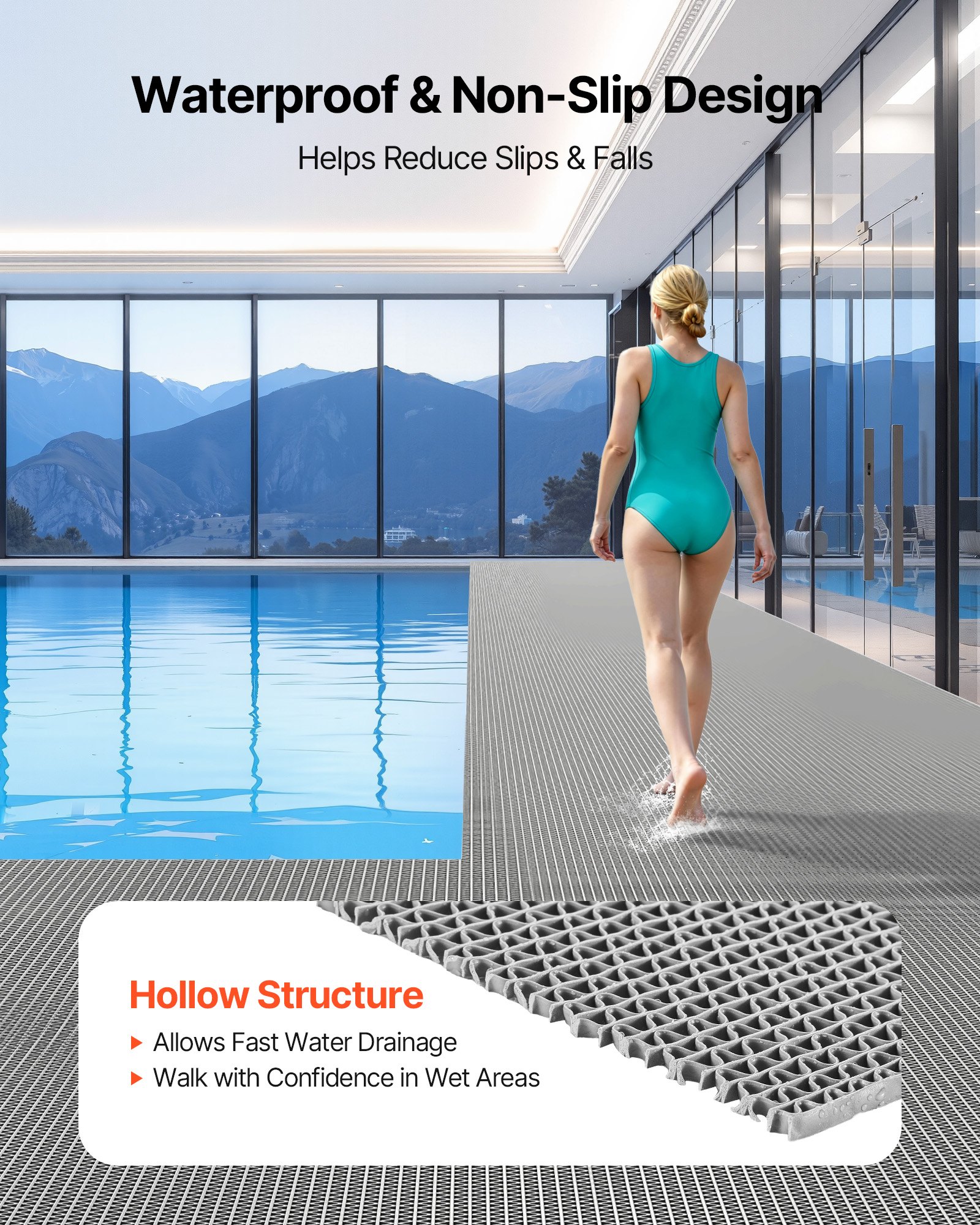 VEVOR Drainagematte PVC (90 cm x 300 cm), Rutschfeste PVC-Bodenmatte Spritzschutzmatte für Nassbereiche, Hohlmattenrolle, Antirutschmatte für Schwimmbäder, Terrassen, Badezimmer & Toiletten, Grau