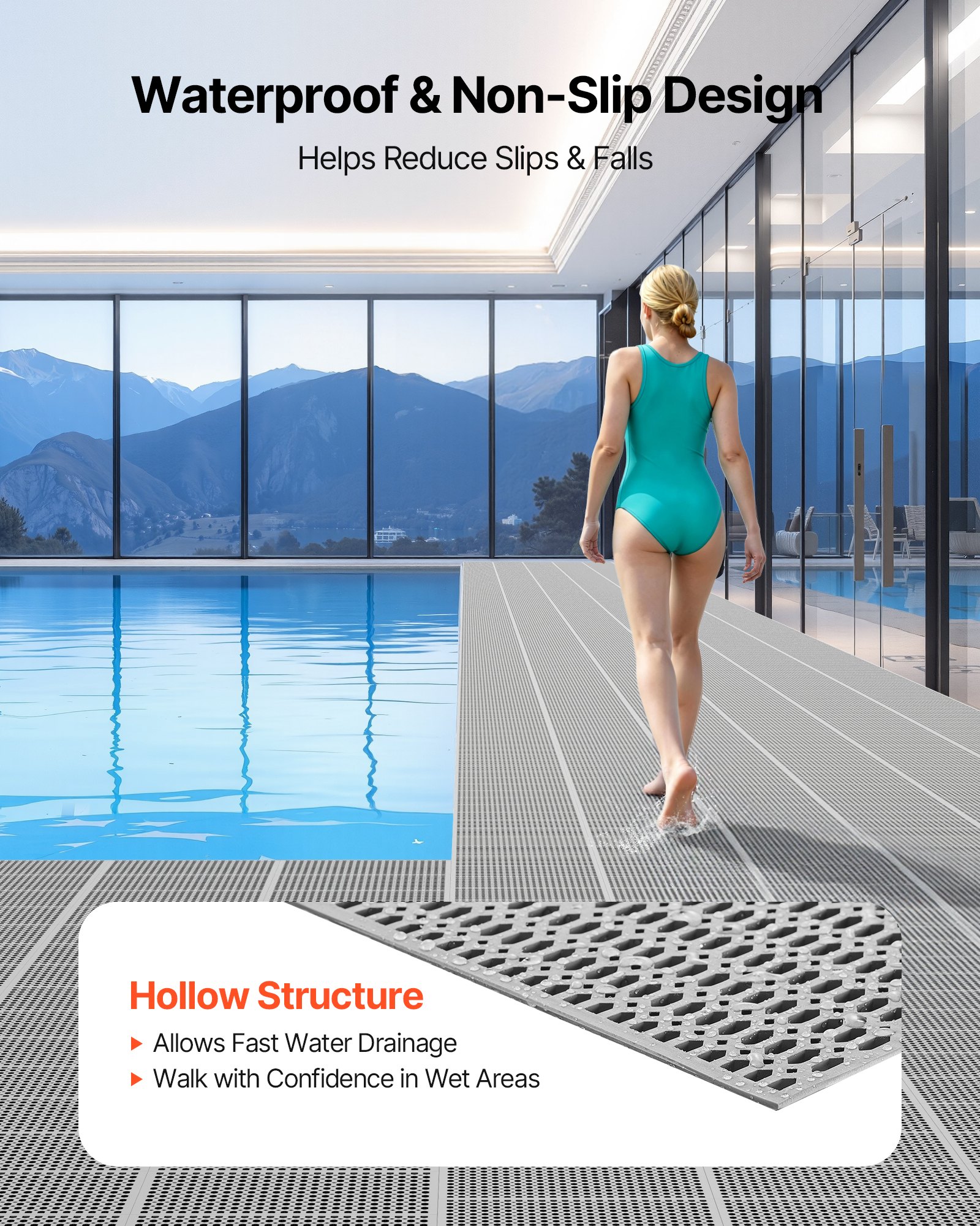 VEVOR Drainagematte PVC (0,9 m x 15 m), Rutschfeste PVC-Bodenmatte Spritzschutzmatte für Nassbereiche, Hohlmattenrolle, Antirutschmatte für Schwimmbäder, Terrassen, Badezimmer & Toiletten, Grau