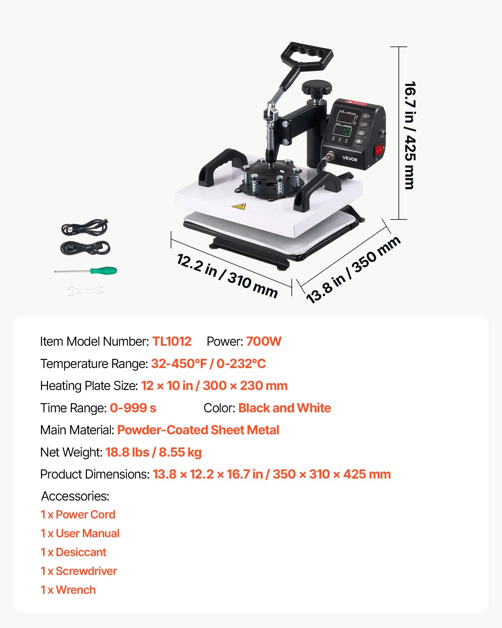 VEVOR Transferpresse 30x23cm Sublimationsmaschine 700W Textilpresse, mit Schwenkarm Schnelles & Gleichmäßiges Aufheizen Zeit- & Temperaturregelung T-Shirts Stofftaschen Kissenbezüge Socken