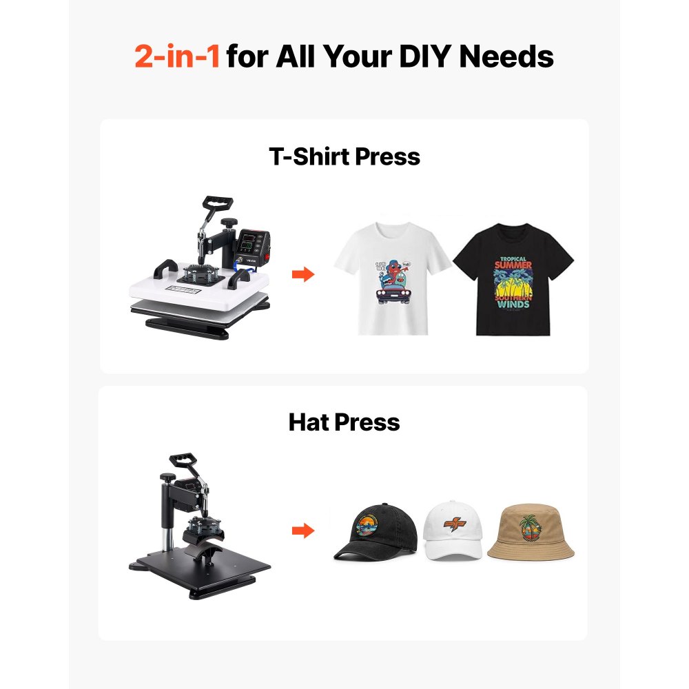VEVOR Transferpresse 38x38cm Sublimationsmaschine 2-in-1 Textilpresse 1250W, 360° Schwenkfunktion Schnelles & Gleichmäßiges Aufheizen Zeit- & Temperaturregelung T-Shirts Kissenbezüge Mützen