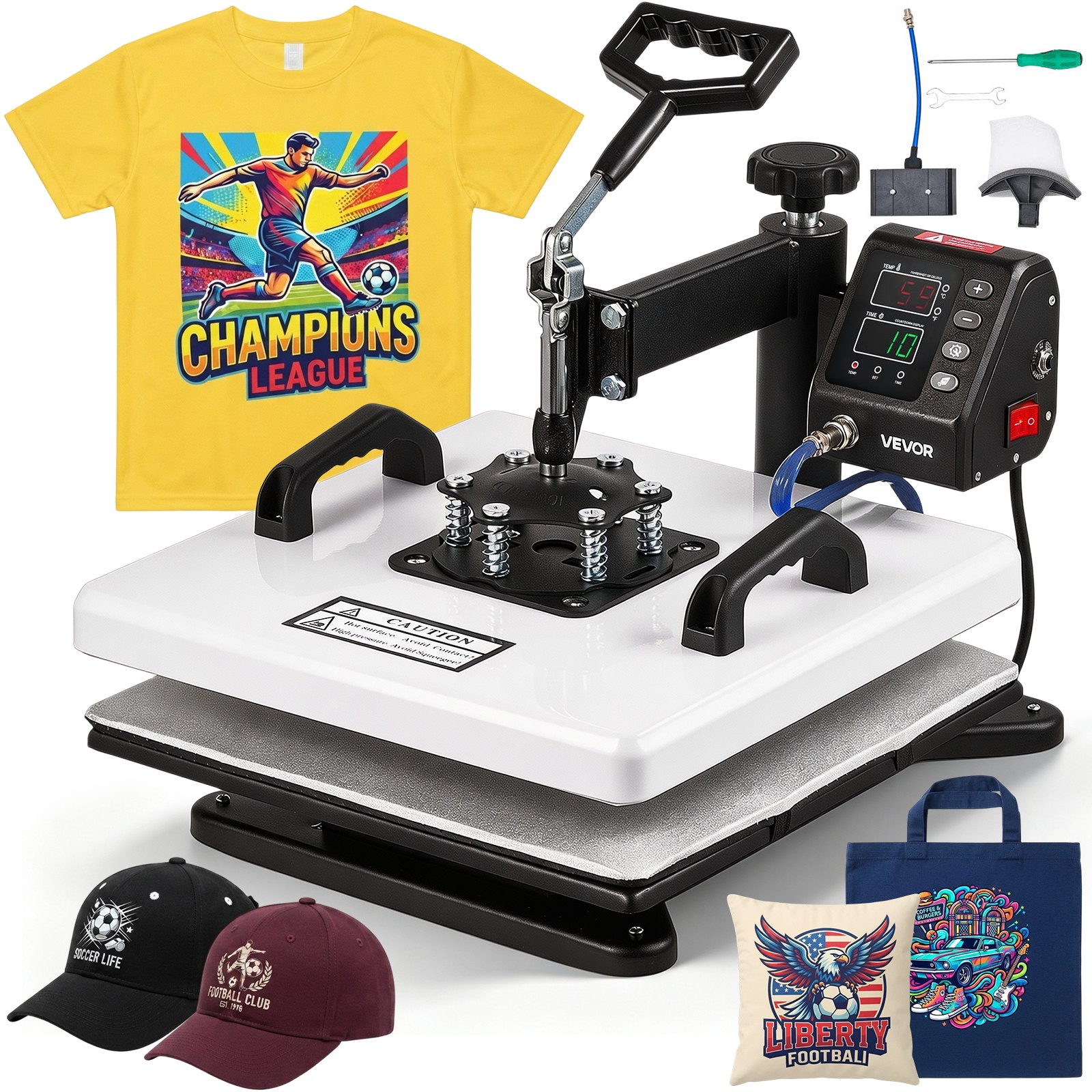 VEVOR Transferpresse 38x38cm Sublimationsmaschine 2-in-1 Textilpresse 1250W, 360° Schwenkfunktion Schnelles & Gleichmäßiges Aufheizen Zeit- & Temperaturregelung T-Shirts Kissenbezüge Mützen