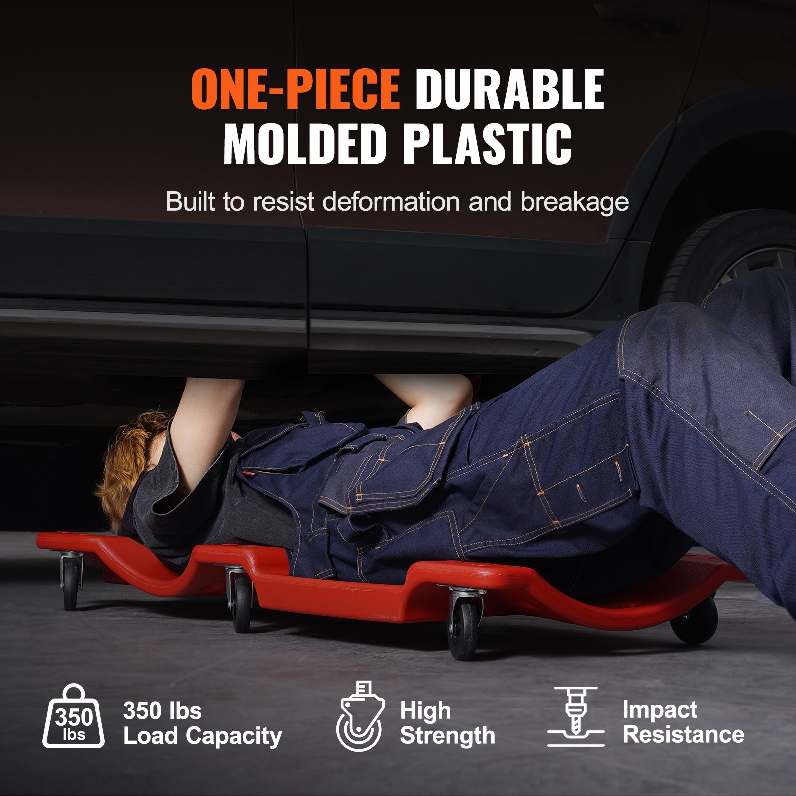 VEVOR Mechaniker-Rollbrett aus Kunststoff, 914 mm, 158,8 kg Tragkraft, Rollbrett für Autowerkstätten mit ergonomisch geformtem HDPE-Körper, gepolsterter Kopfstütze und zwei Werkzeugablagen, 6 Räder, für Autowerkstätten