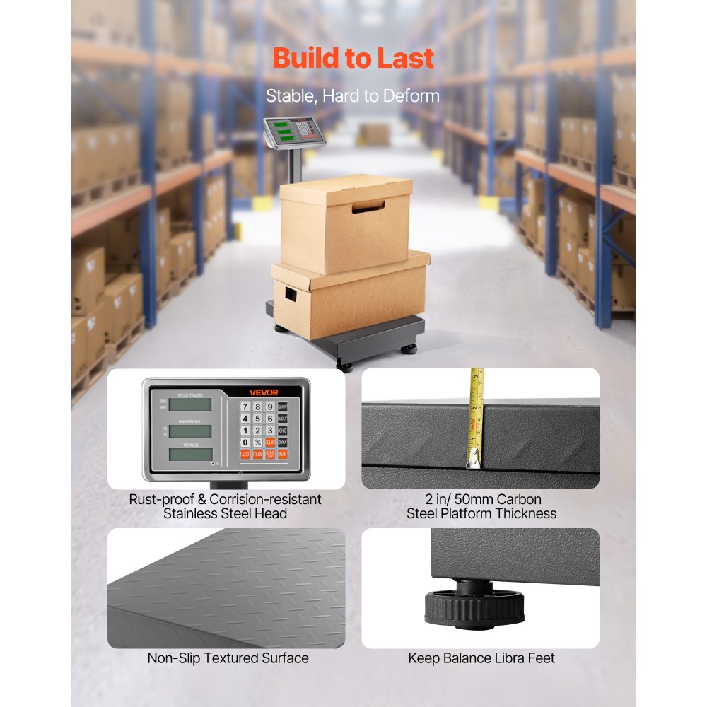 VEVOR Digitale Plattformwaage, 300 kg Tragkraft, 50 g hohe Genauigkeit, elektronische Bodenwaage mit LB/KG, Tara, Preisrechner, AC/DC-Stromversorgung, geeignet für Gepäck, Versand, Pakete, Porto