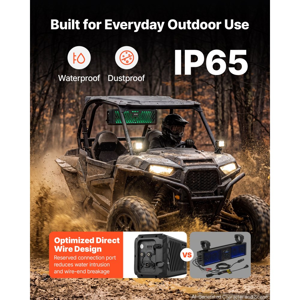VEVOR UTV Soundbar mit 2 Hochtönern und 2 Mitteltieftönern 44 cm für Golfcarts, ATVs und Boote, Unterstützt Bluetooth, USB, AUX-IN und RF-Fernbedienung, mit RGB-Mehrfarbenbeleuchtung, IP65-Schutzart