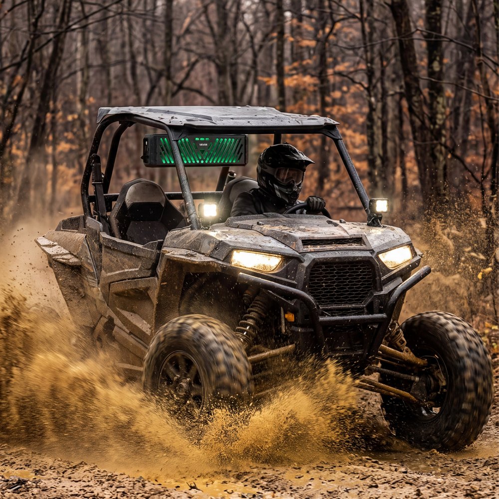 VEVOR UTV Soundbar mit 2 Hochtönern und 2 Mitteltieftönern 44 cm für Golfcarts, ATVs und Boote, Unterstützt Bluetooth, USB, AUX-IN und RF-Fernbedienung, mit RGB-Mehrfarbenbeleuchtung, IP65-Schutzart