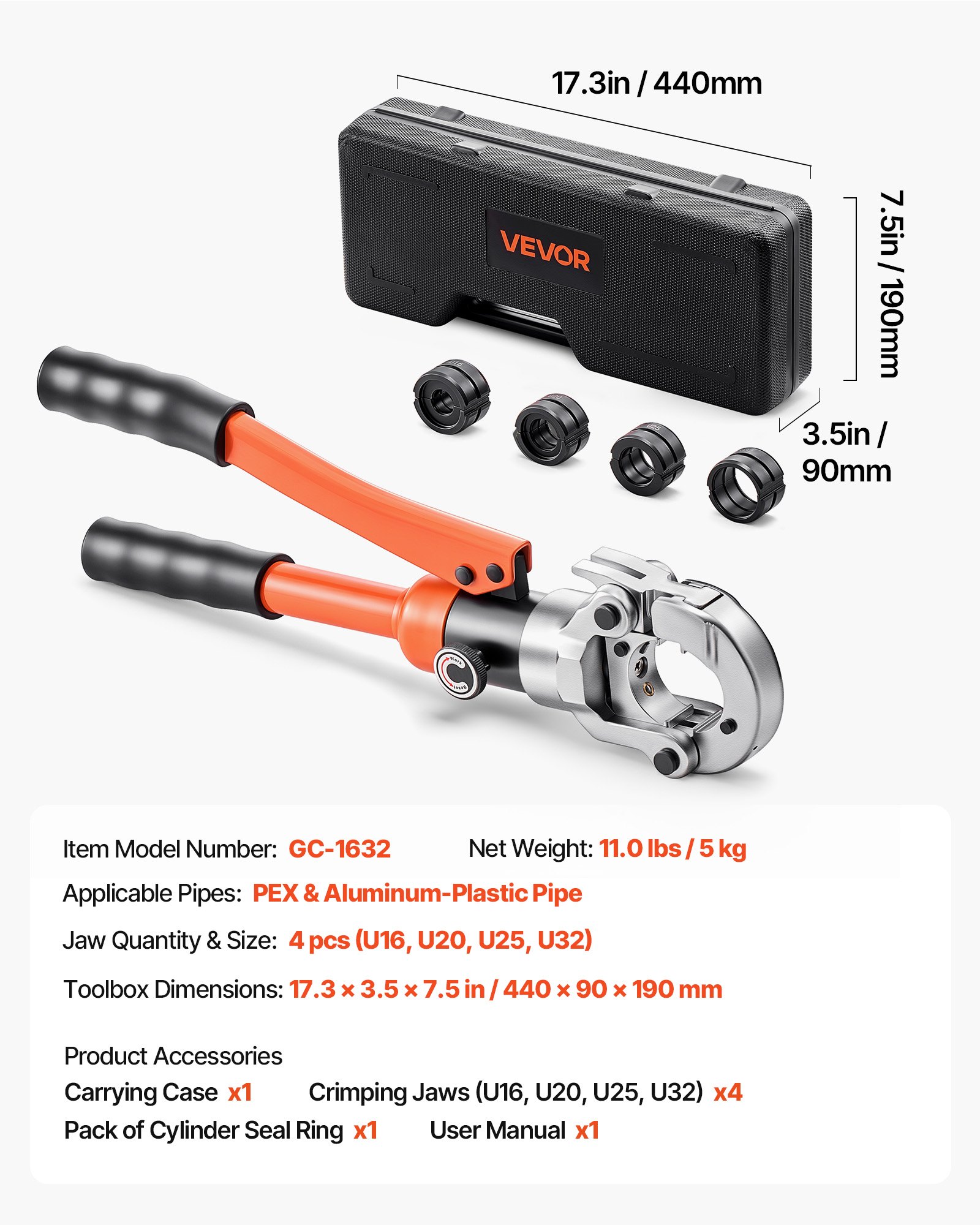 VEVOR Presszange Hydraulik, Crimpzange für PEX- & Aluminium-Kunststoff-Rohre, Rohrpresszange mit U16 U20 U25 U32 Backen & Tragekoffer, Presswerkzeug-Set für Sanitärreparaturen & -installationen