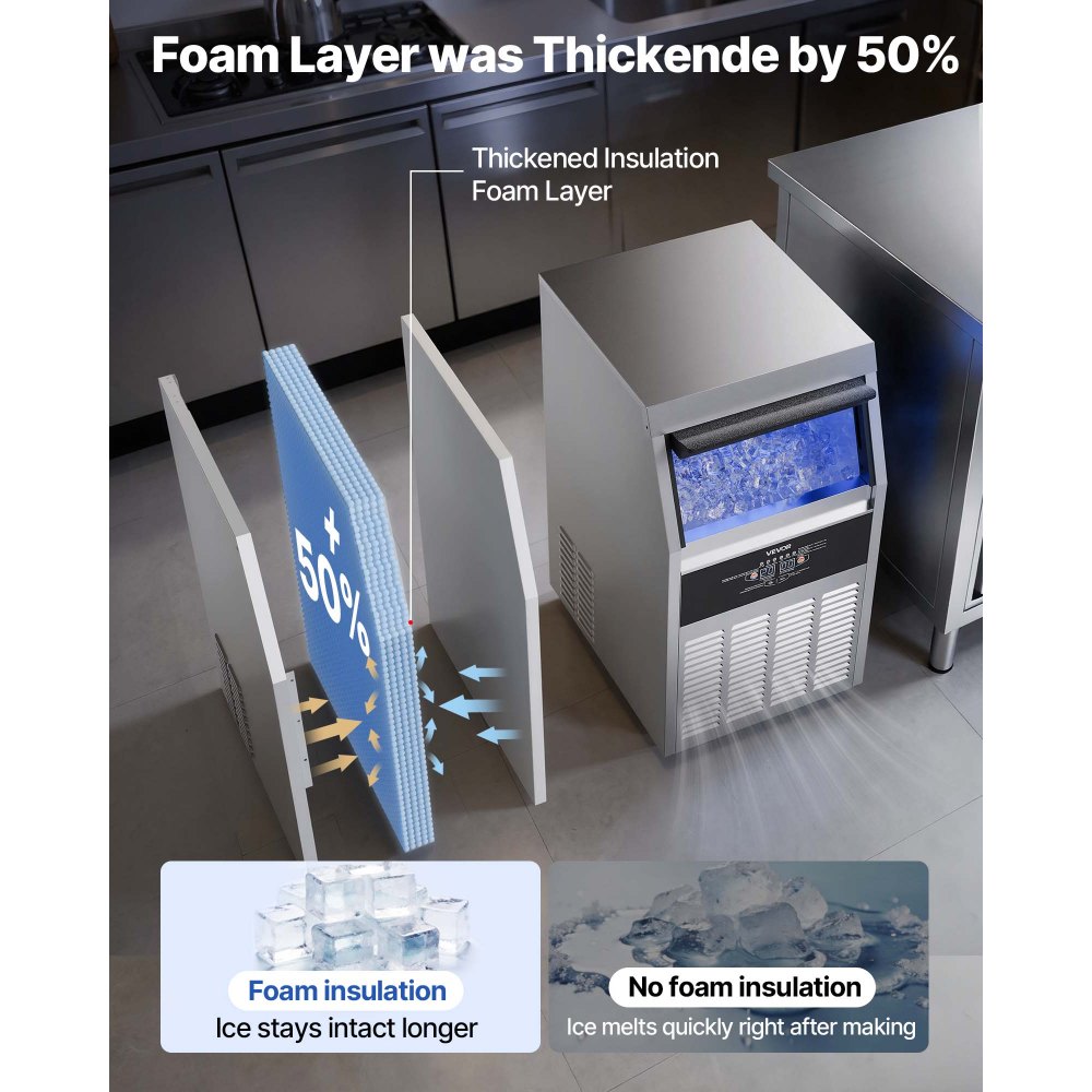VEVOR Gewerbliche Eiswürfelmaschine 68 kg/Tag Eiswürfelbereiter mit 14 kg Eisvorratsbehälter, Edelstahl Freistehende Eismaschine mit LED-Anzeige Selbstreinigung, Ideal für Hausbar Restaurant Café
