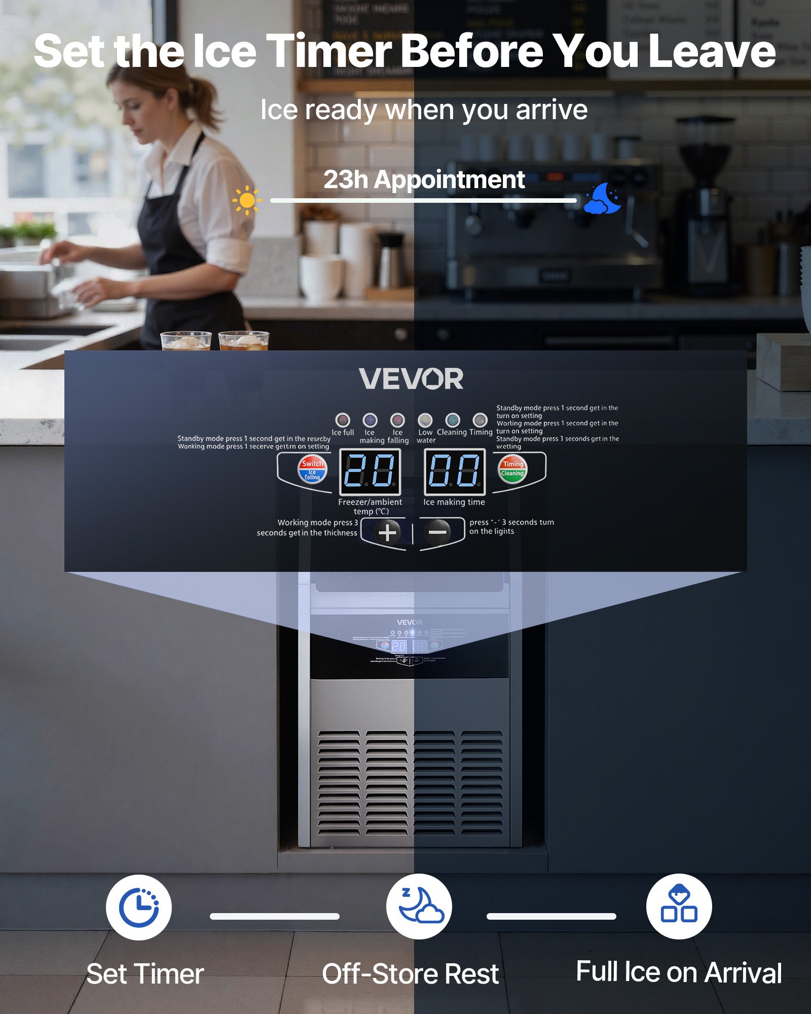 VEVOR Gewerbliche Eiswürfelmaschine 68 kg/Tag Eiswürfelbereiter mit 14 kg Eisvorratsbehälter, Edelstahl Freistehende Eismaschine mit LED-Anzeige Selbstreinigung, Ideal für Hausbar Restaurant Café