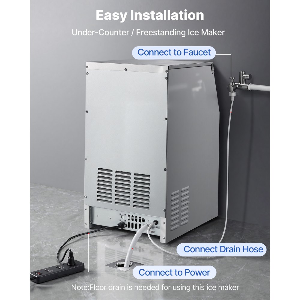 VEVOR Commercial Ice Maker Machine, 73 kg/24h with 14 kg Storage Capacity, Built-in/Freestanding/Under Counter, Stainless Steel Ice Maker with LED Display & Self-Cleaning, for Home Bar Restaurant