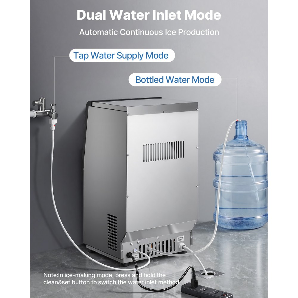 VEVOR Gewerblicher Eiswürfelbereiter 41 kg/Tag, Eiswürfelmaschine mit 6 kg Eisvorratskapazität, Edelstahlgehäuse Eismaschine mit LED-Anzeige & Selbstreinigung & Dualem Wasserzulauf, für Restaurant