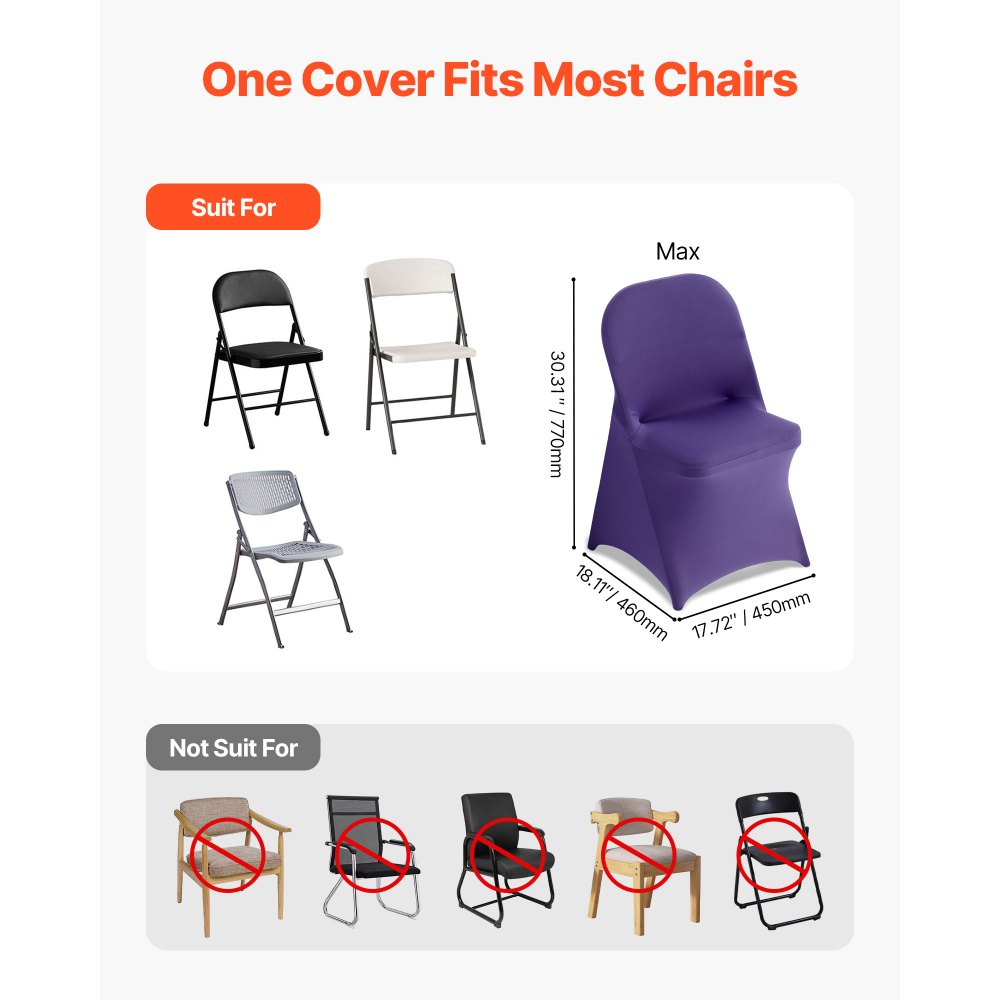 VEVOR Stuhlhussen Stuhlbezug Stretch 50 Stk. waschbarer & abnehmbarer Stuhlüberzug aus Polyester-Spandex für Hochzeitsfeiern Esszimmerbankette, passend für Klappstühle (45 x 46 x 77 cm) Violett