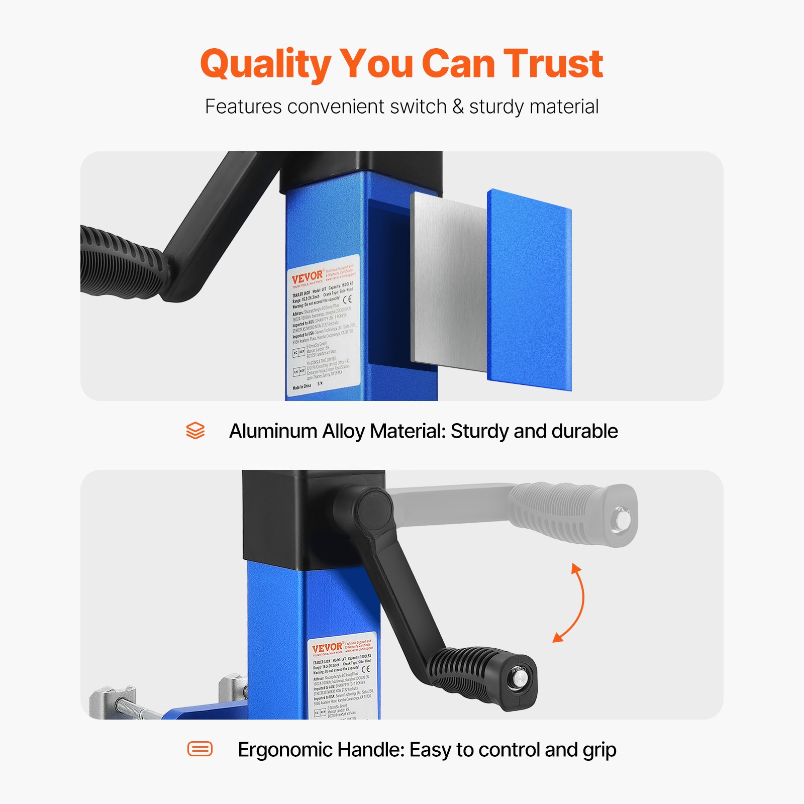 VEVOR Anhängerheber mit Rad, 725kg Anhängerstütze, Drehgelenk-Bootsanhängerheber PP-Einzelrad, 254 mm Hub, anschraubbarer Reiseanhänger mit Griff für Wohnmobil, Boot, Pferdeanhänger, Nutzanhänger