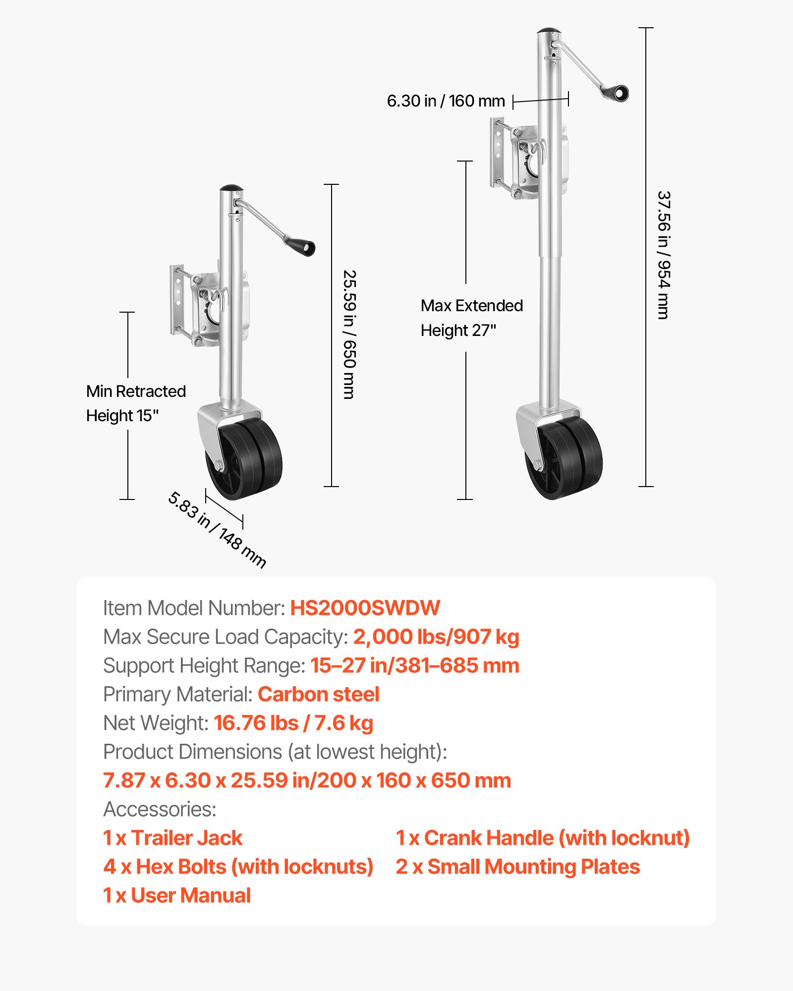 VEVOR Stützrad für Boote, 907 kg Tragfähigkeit, Bootstrailerheber mit PP-Doppelrad & ergonomischem Griff, Hubbereich von 381 bis 685mm, Bugrad geeignet für Wohnmobile, Boote & Nutzanhänger