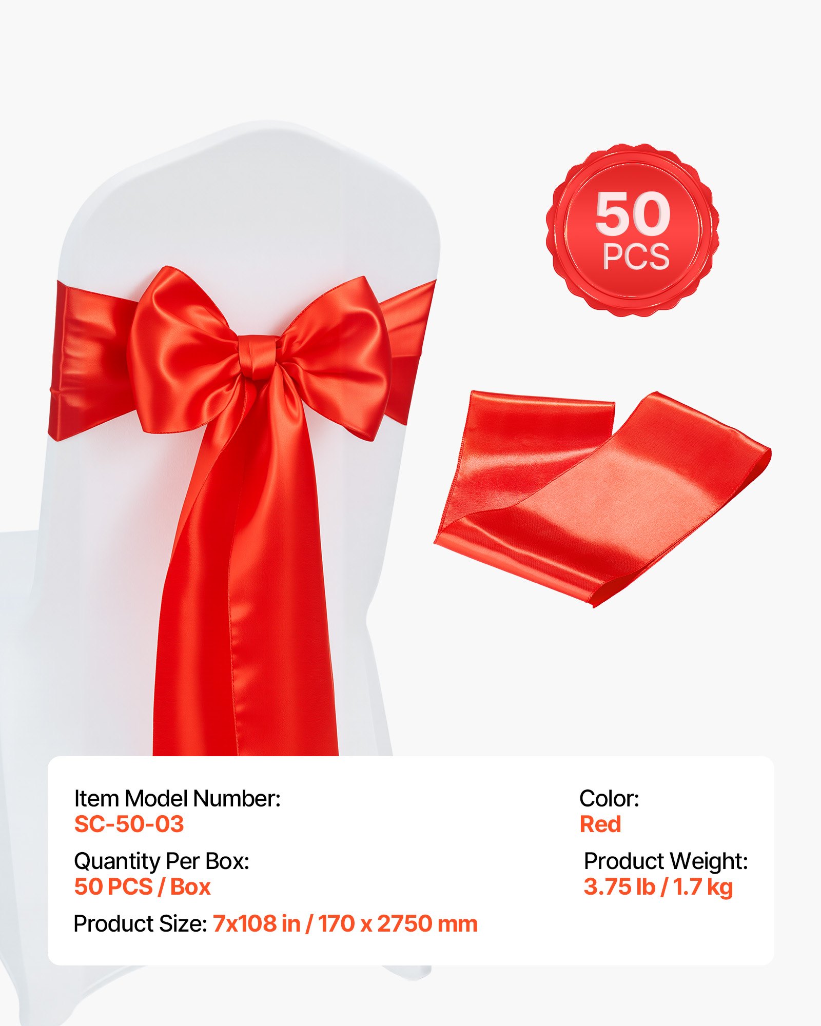 VEVOR Satin Chair Sashes Bows, 50PCS Chair Ribbon Ties Back Sash, 7 x 108 inch, Red Wedding Reception Decoration, for Wedding Ceremony Baby Shower Party Events Banquet Chair Cover Decoration