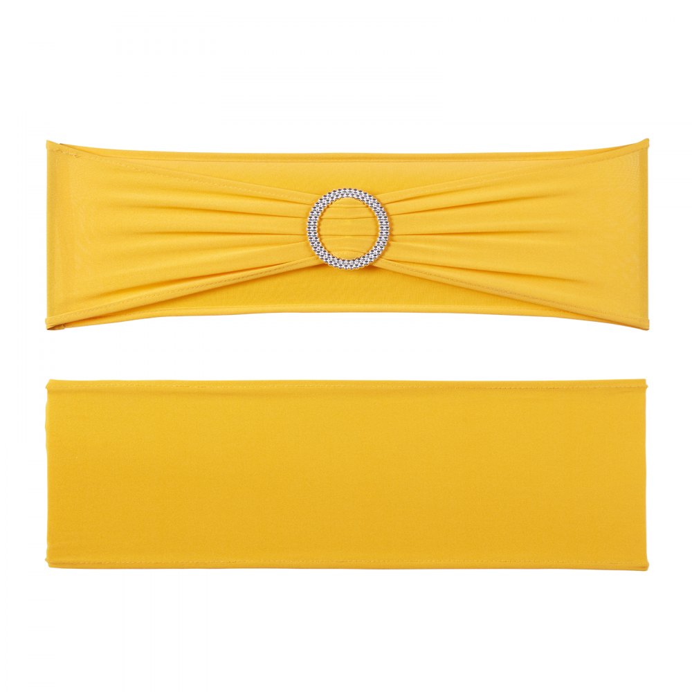 VEVOR Stretch-Stuhlschärpen aus Spandex, Stuhlhussen & Stretch-Stuhlschärpen mit Runder Schnalle, Elastische Stuhlbänder, Passende Stuhldekoration für Hochzeiten, Feiertage (100 Stück, Goldgelb)