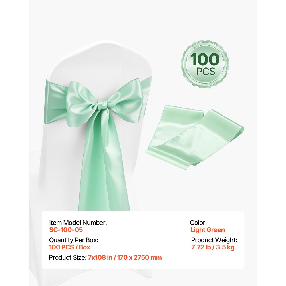 VEVOR Satin Chair Sashes Bows, 100PCS Chair Ribbon Ties Back Sash, 7 x 108 inch, Light Green Wedding Reception Decoration, for Wedding Ceremony Baby Shower Party Events Banquet Chair Cover Decoration