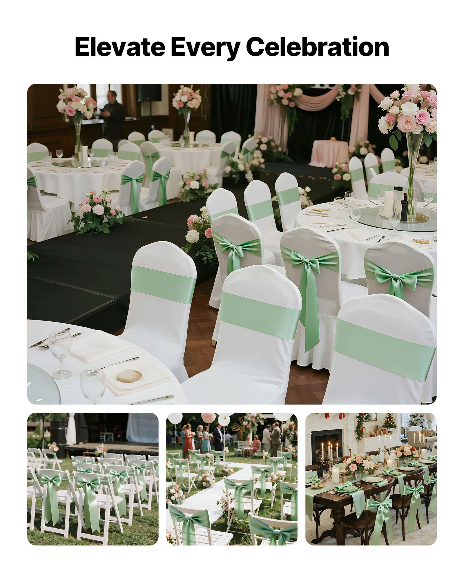 VEVOR Satin Chair Sashes Bows, 100PCS Chair Ribbon Ties Back Sash, 7 x 108 inch, Light Green Wedding Reception Decoration, for Wedding Ceremony Baby Shower Party Events Banquet Chair Cover Decoration