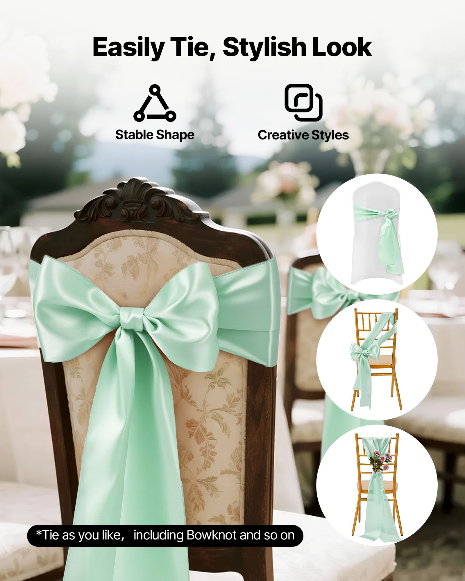VEVOR Satin Chair Sashes Bows, 100PCS Chair Ribbon Ties Back Sash, 7 x 108 inch, Light Green Wedding Reception Decoration, for Wedding Ceremony Baby Shower Party Events Banquet Chair Cover Decoration