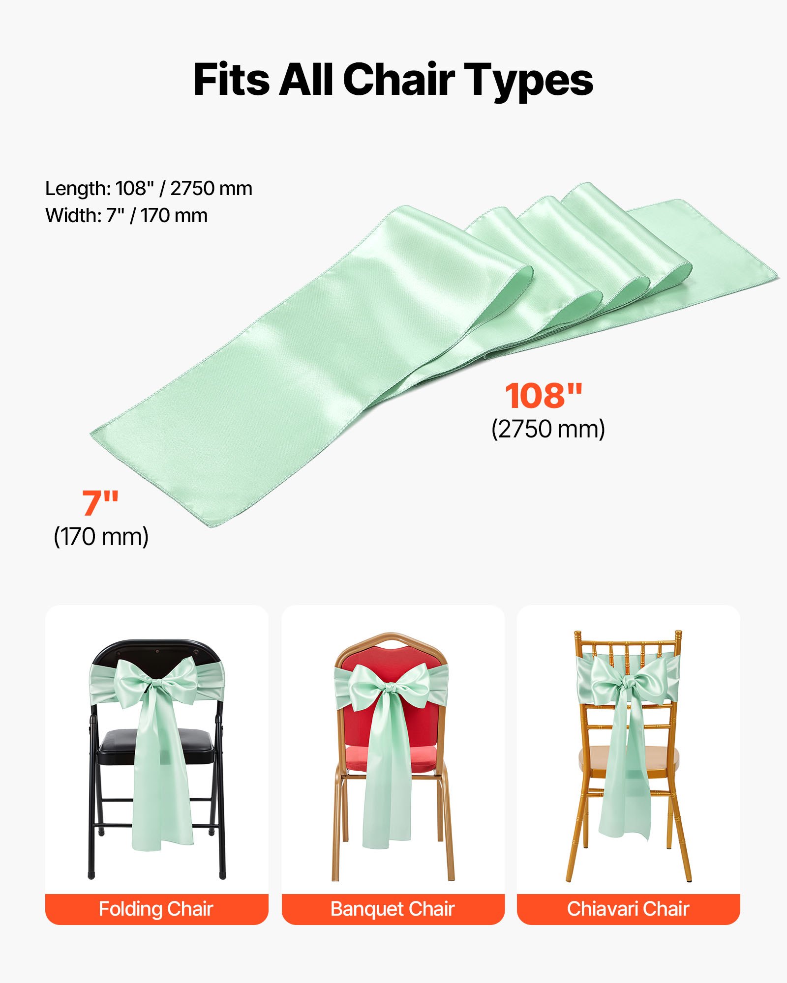 VEVOR Satin Chair Sashes Bows, 100PCS Chair Ribbon Ties Back Sash, 7 x 108 inch, Light Green Wedding Reception Decoration, for Wedding Ceremony Baby Shower Party Events Banquet Chair Cover Decoration
