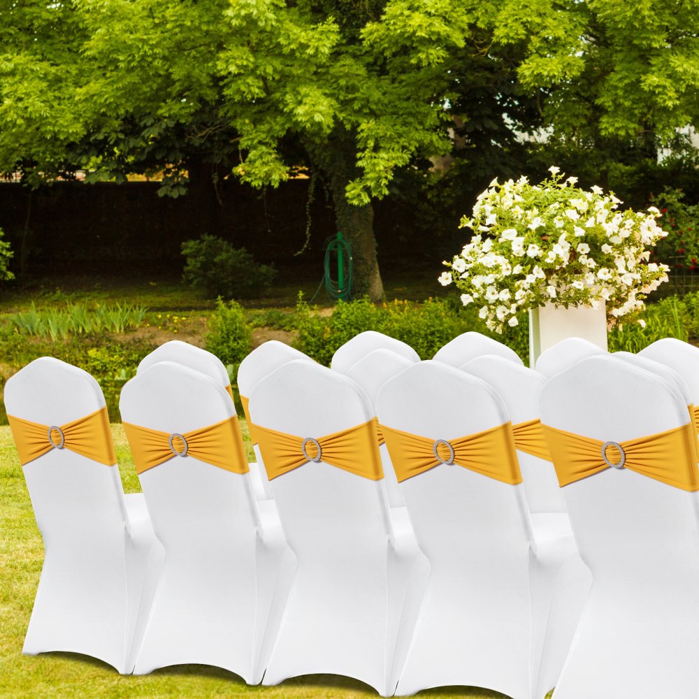 VEVOR Chair Covers made of Elastic Spandex for Folding Chairs, Universally Fitting Chair Covers with Chair Sashes, Removable & Washable Protective Covers, for Weddings, Holidays, Dining (50 pcs. Gold & White)