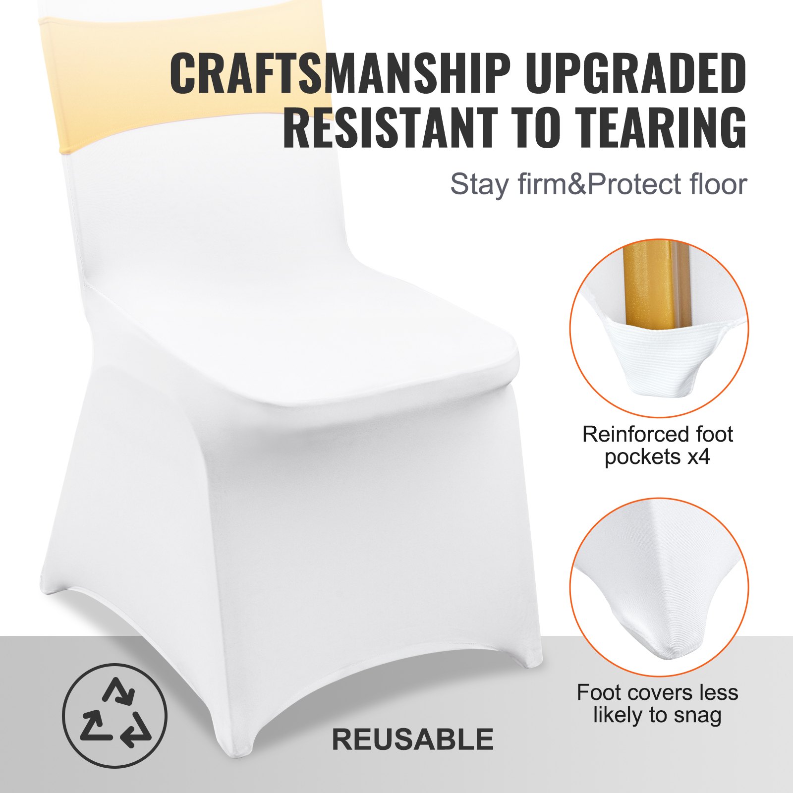 VEVOR Stuhlhussen aus Elastischem Spandex für Klappstühle, Universell Passender Stuhlbezug mit Stuhlschärpen, Abnehmbare & Waschbare Schonbezüge, für Hochzeit, Urlaub, Essen (50 Stk. Gold & Weiß)