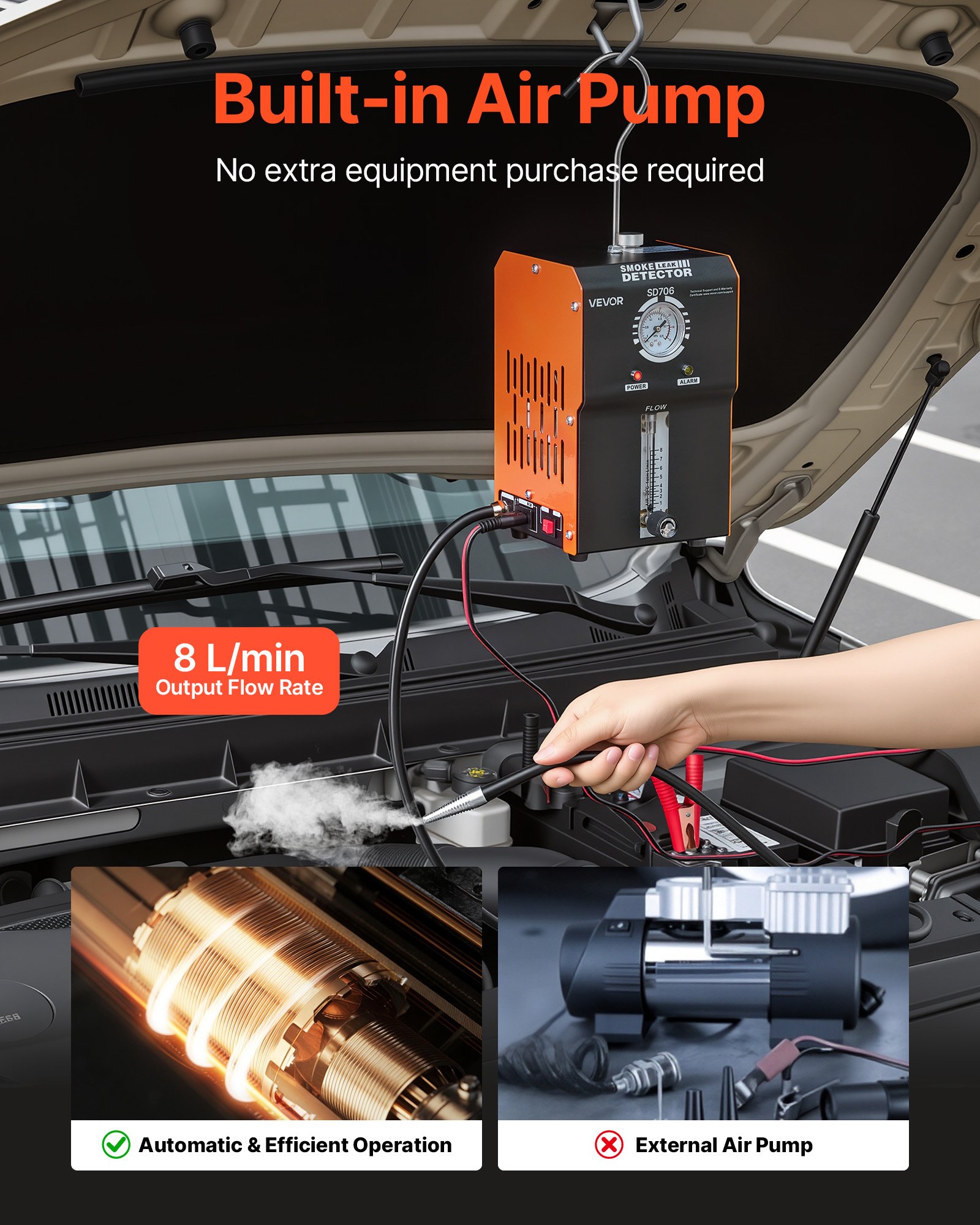 VEVOR Kfz-Rauchprüfgerät mit Rauchgenerator, Lecksuchgerät für EVAP-Systeme, für Pkws Lkws Boote Motorräder und ATVs, mit Luft- und Rauchmodus, Manometer, Durchflussmesser und 8-teiligem Dichtungsset