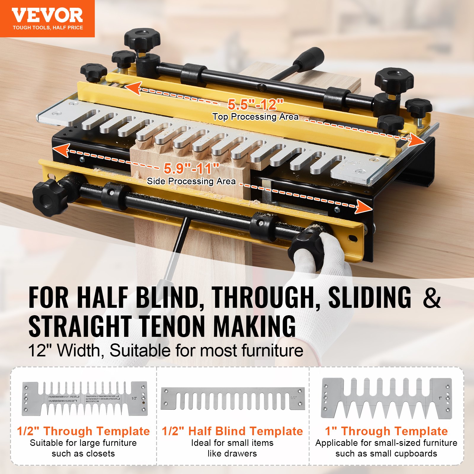 VEVOR Dovetail Template, 12 inch wide, dovetail milling template with 4 cutters and 3 templates, precise alignment of the dovetail template, tenon and mortise milling tools for woodworking furniture and wooden cabinets