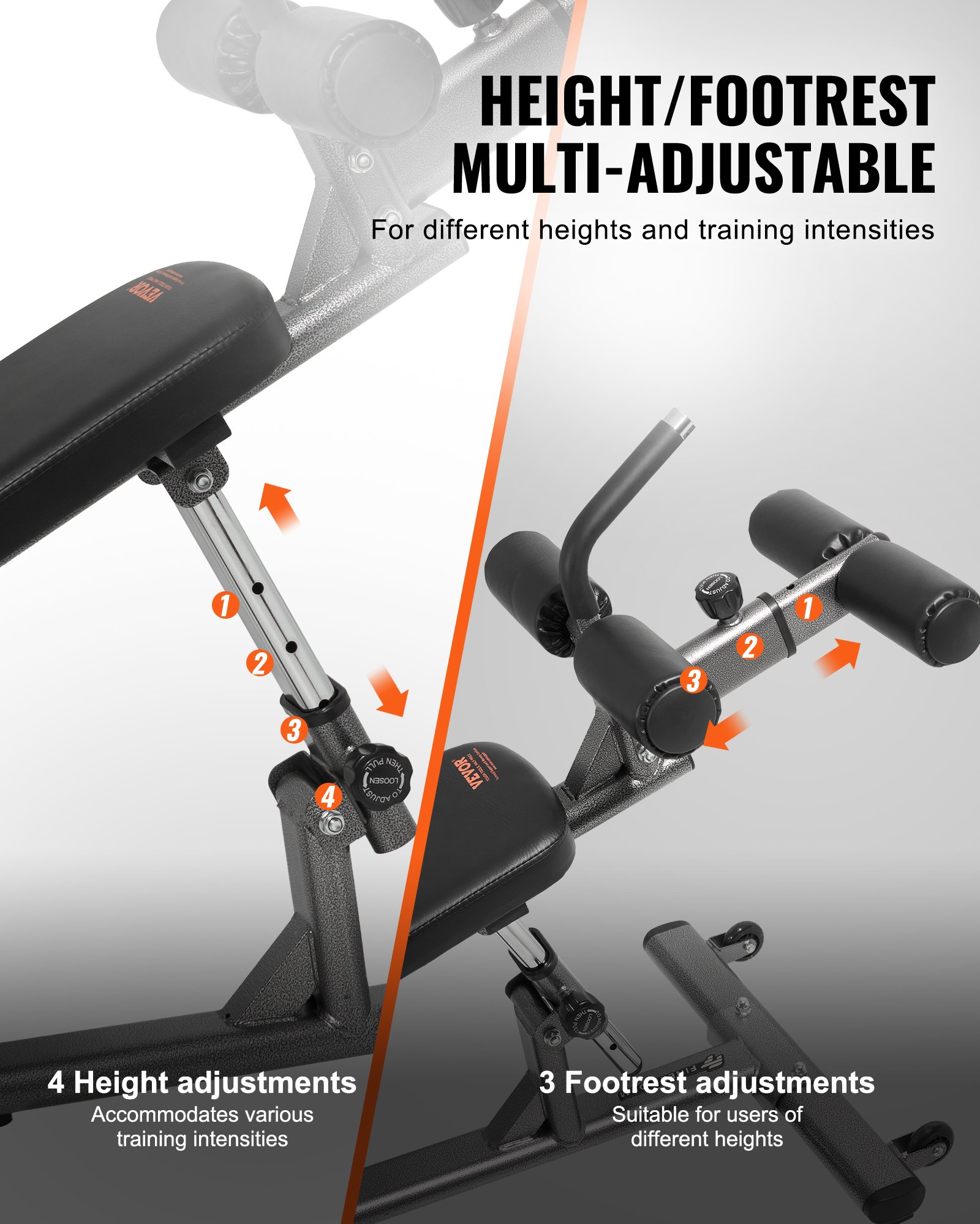 VEVOR Sit Up Bank Bauchmuskelbank 4-stufig Höhenverstellbar (1630 x 620 x 1055 cm) Rückentrainer (454 kg belastbar) für Heimtraining im Fitnessstudio Krafttraining Ganzkörpermuskeltraining