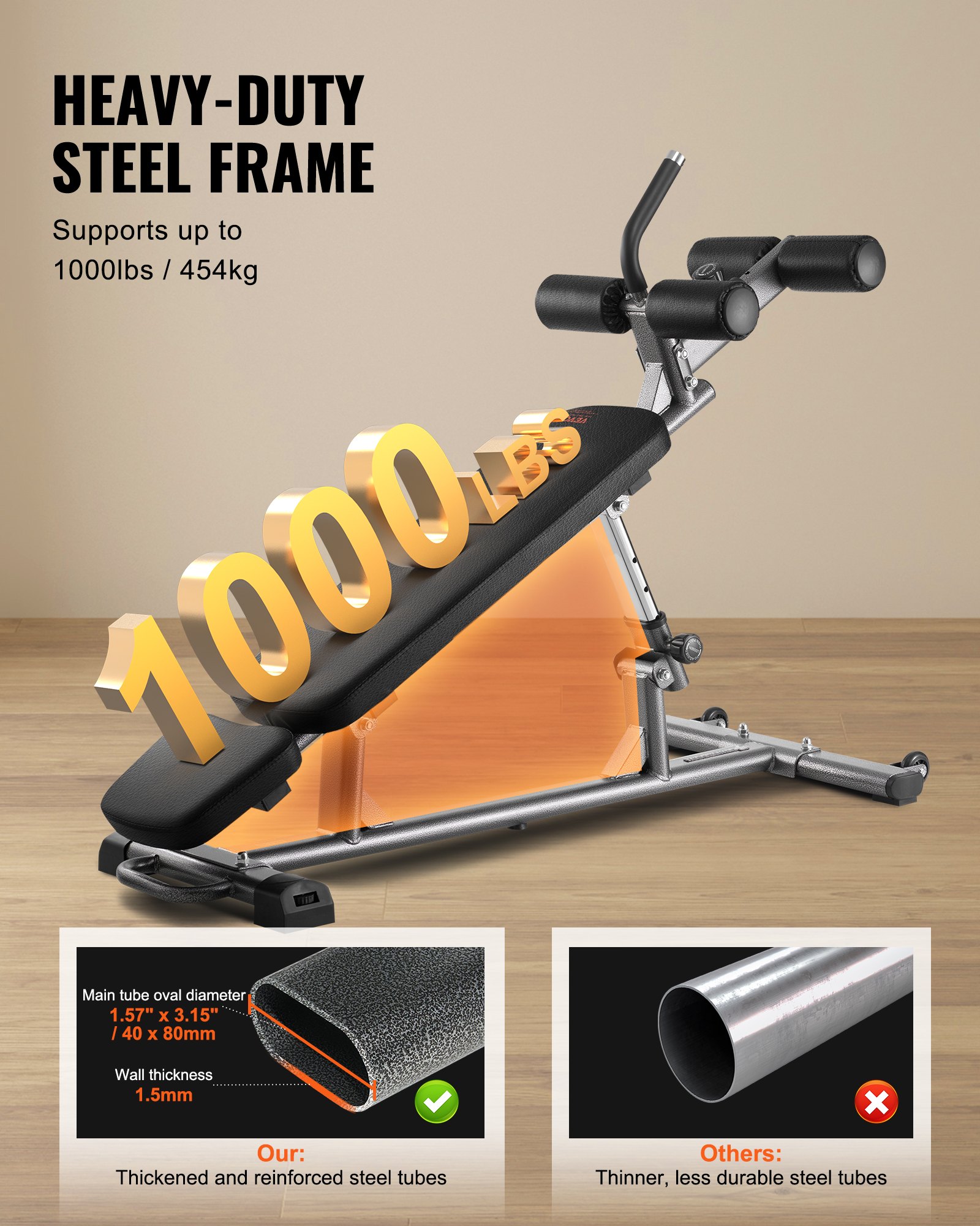 VEVOR Sit Up Bank Bauchmuskelbank 4-stufig Höhenverstellbar (1630 x 620 x 1055 cm) Rückentrainer (454 kg belastbar) für Heimtraining im Fitnessstudio Krafttraining Ganzkörpermuskeltraining