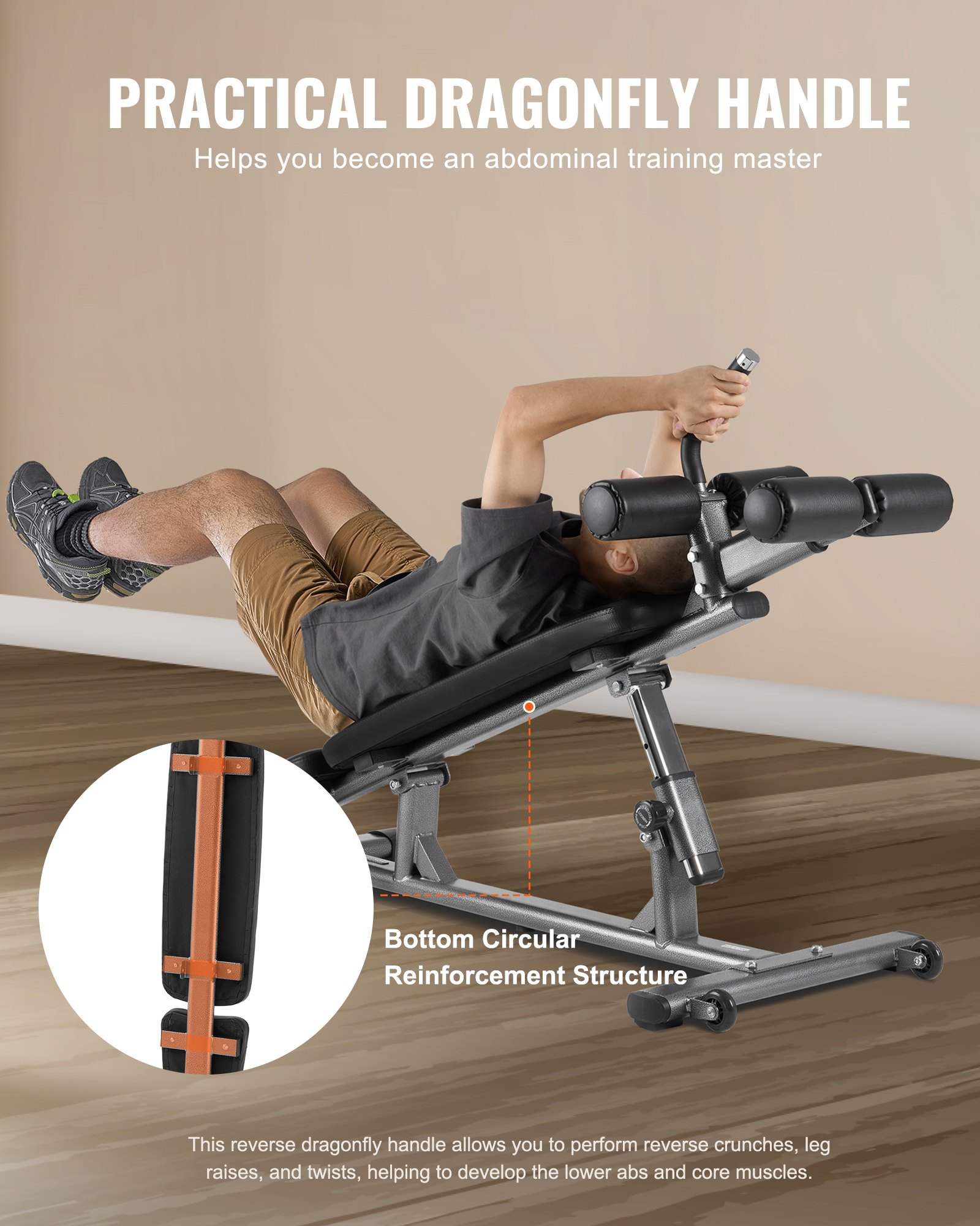 VEVOR Sit Up Bank Bauchmuskelbank 4-stufig Höhenverstellbar (1630 x 620 x 1055 cm) Rückentrainer (454 kg belastbar) für Heimtraining im Fitnessstudio Krafttraining Ganzkörpermuskeltraining