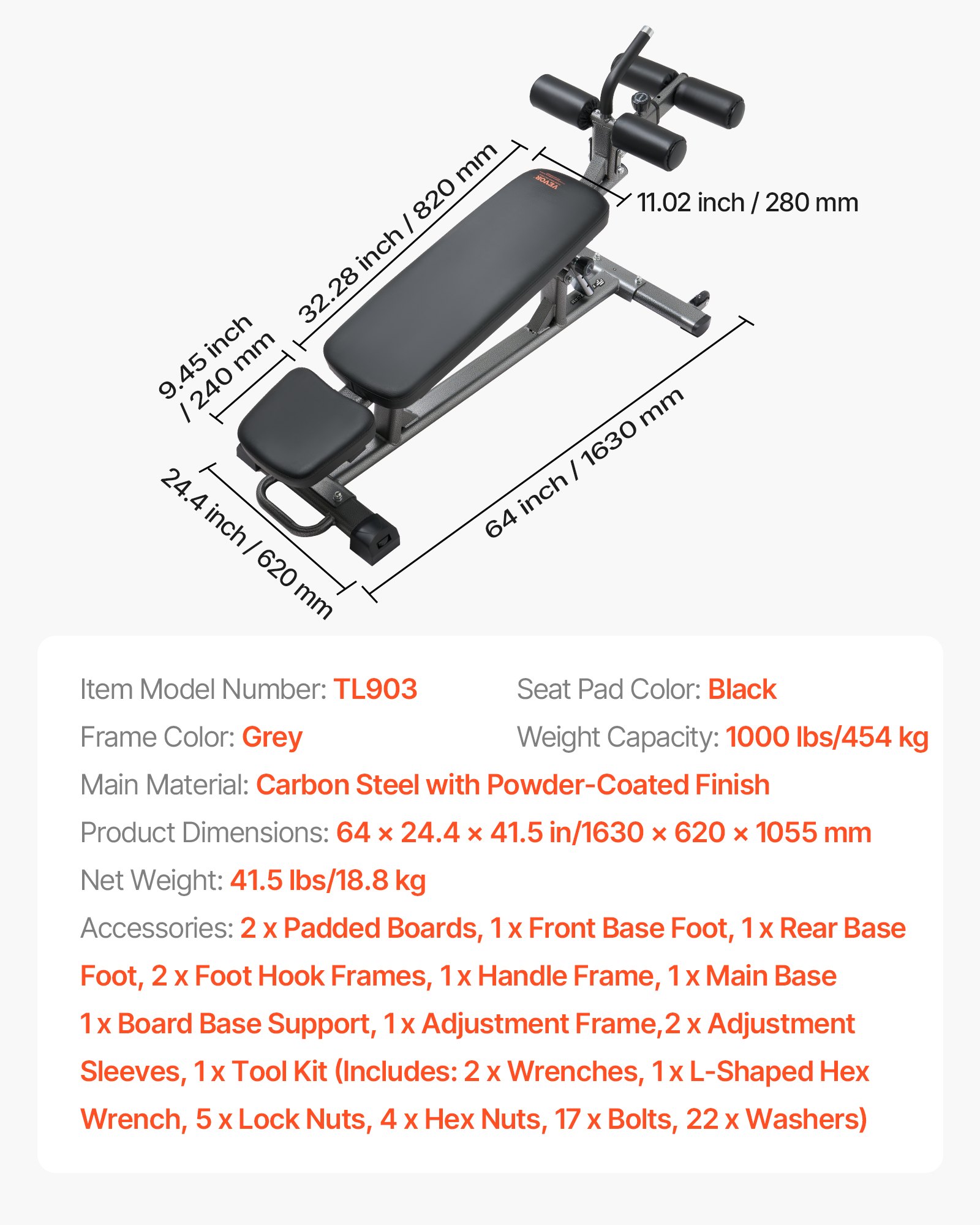 VEVOR Sit Up Bank Bauchmuskelbank 4-stufig Höhenverstellbar (1630 x 620 x 1055 cm) Rückentrainer (454 kg belastbar) für Heimtraining im Fitnessstudio Krafttraining Ganzkörpermuskeltraining