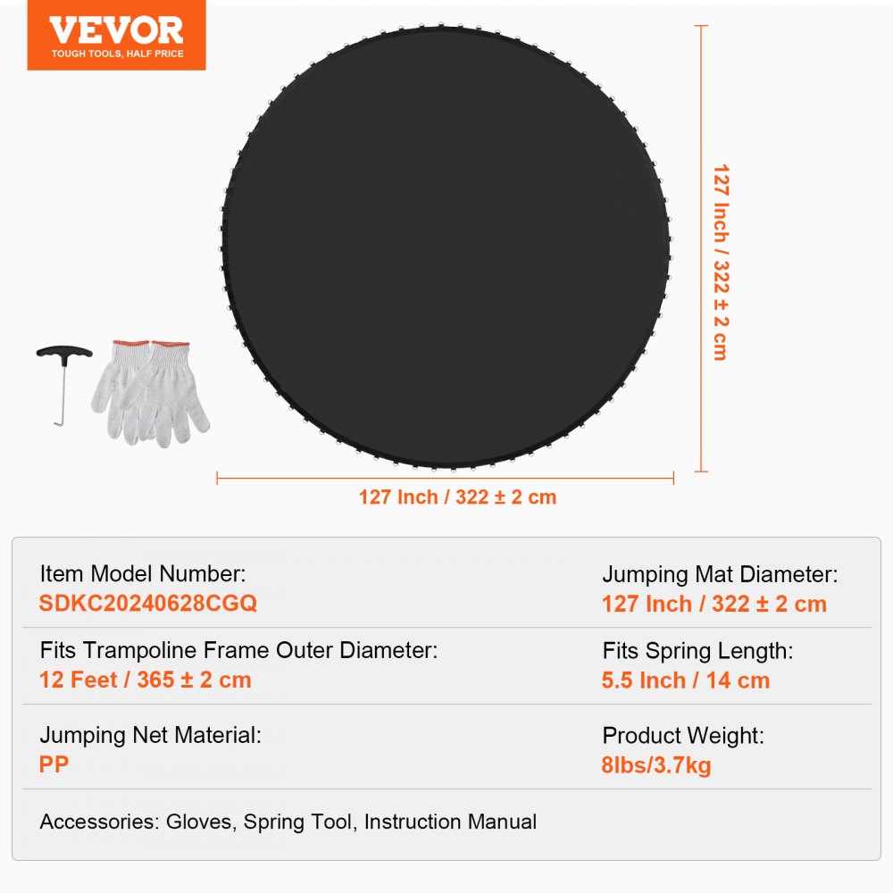 VEVOR Replacement Trampoline Mat Jumping Mat suitable for 365 cm frames, universal jumping mat reinforced UV-resistant mat with spring tool & durable V-rings, suitable for 14 cm spring length