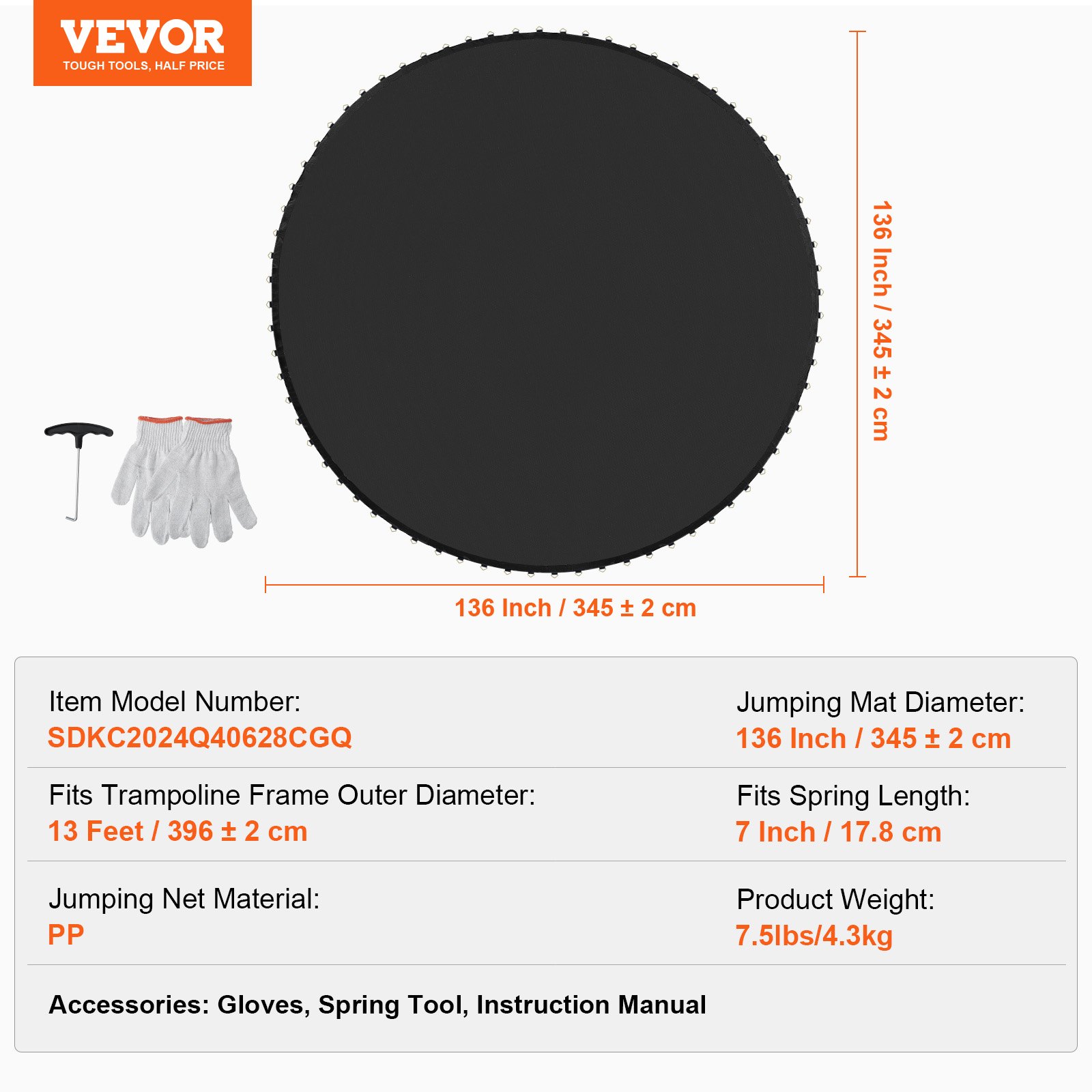 VEVOR Ersatz-Trampolinmatte Sprungmatte für 396 cm Rahmen, universelle Sprungmatte für rundes Trampolin, verstärkte UV-beständige Matte mit 80 langlebigen V-Ringen, passend für 17,8 Federlänge