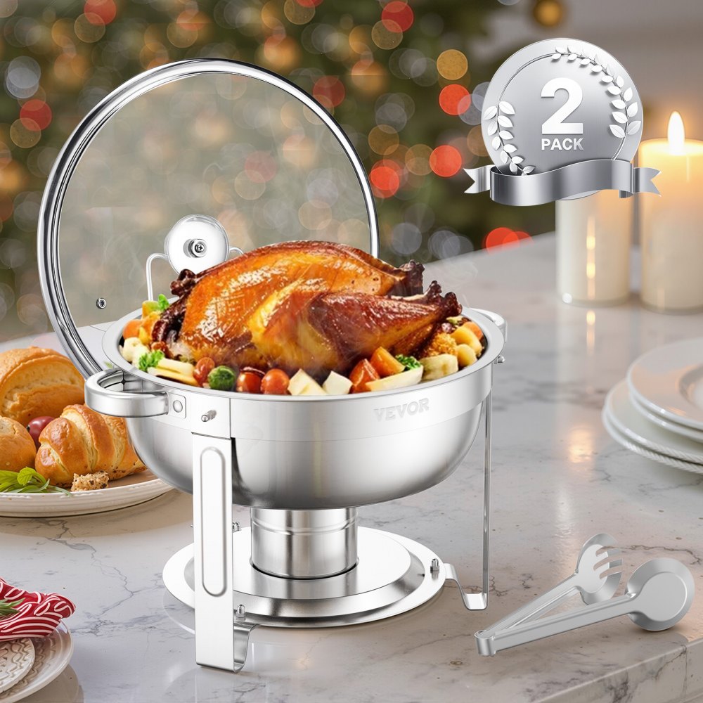 VEVOR Chafing Dish Buffet Speisenwärmer mit 2 Behältern in voller Größe (4,7 L pro), runder Catering-Wärmespender mit Glasdeckel & Wasserpfanne & klappbarer Ständer, für Buffet Partys Silber