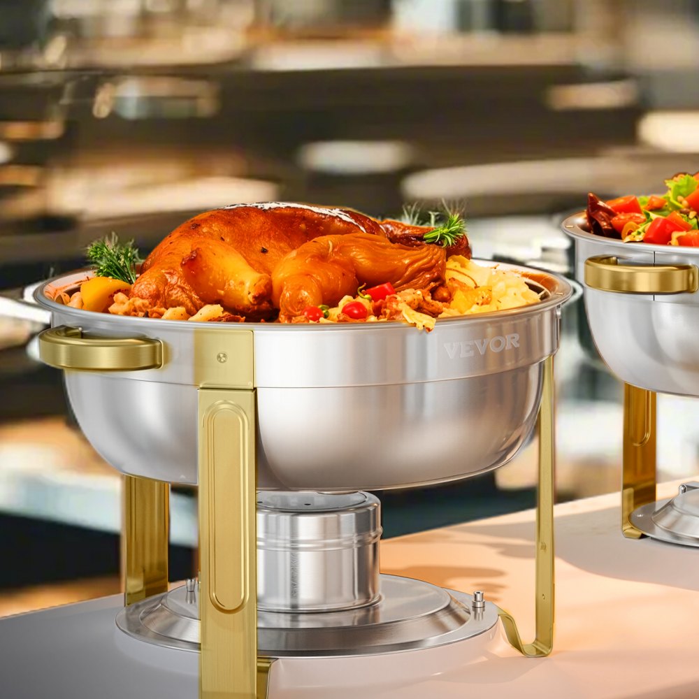 VEVOR Chafing Dish Buffet Speisenwärmer mit 4 Behältern in voller Größe (4,7 L), runder Catering-Wärmespender mit Glasdeckel & Wasserpfanne & klappbarer Ständer, für Hochzeiten Buffet Gold
