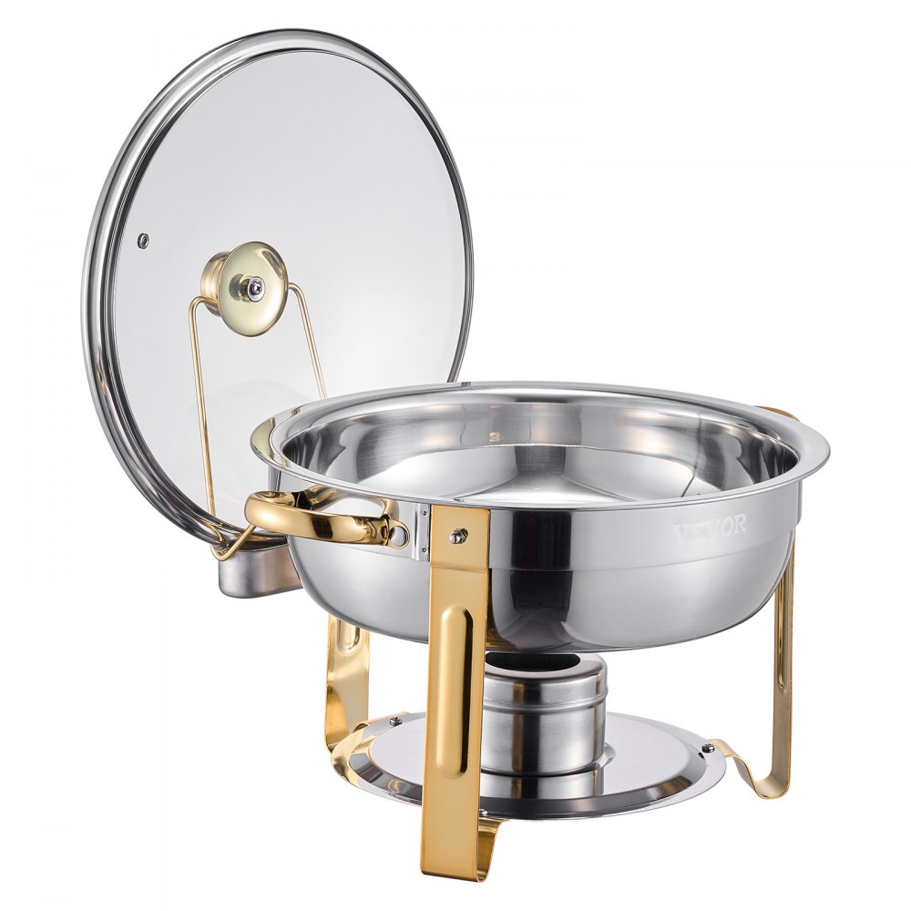 VEVOR Chafing Dish Buffet Speisenwärmer mit 4 Behältern in voller Größe (4,7 L), runder Catering-Wärmespender mit Glasdeckel & Wasserpfanne & klappbarer Ständer, für Hochzeiten Buffet Gold