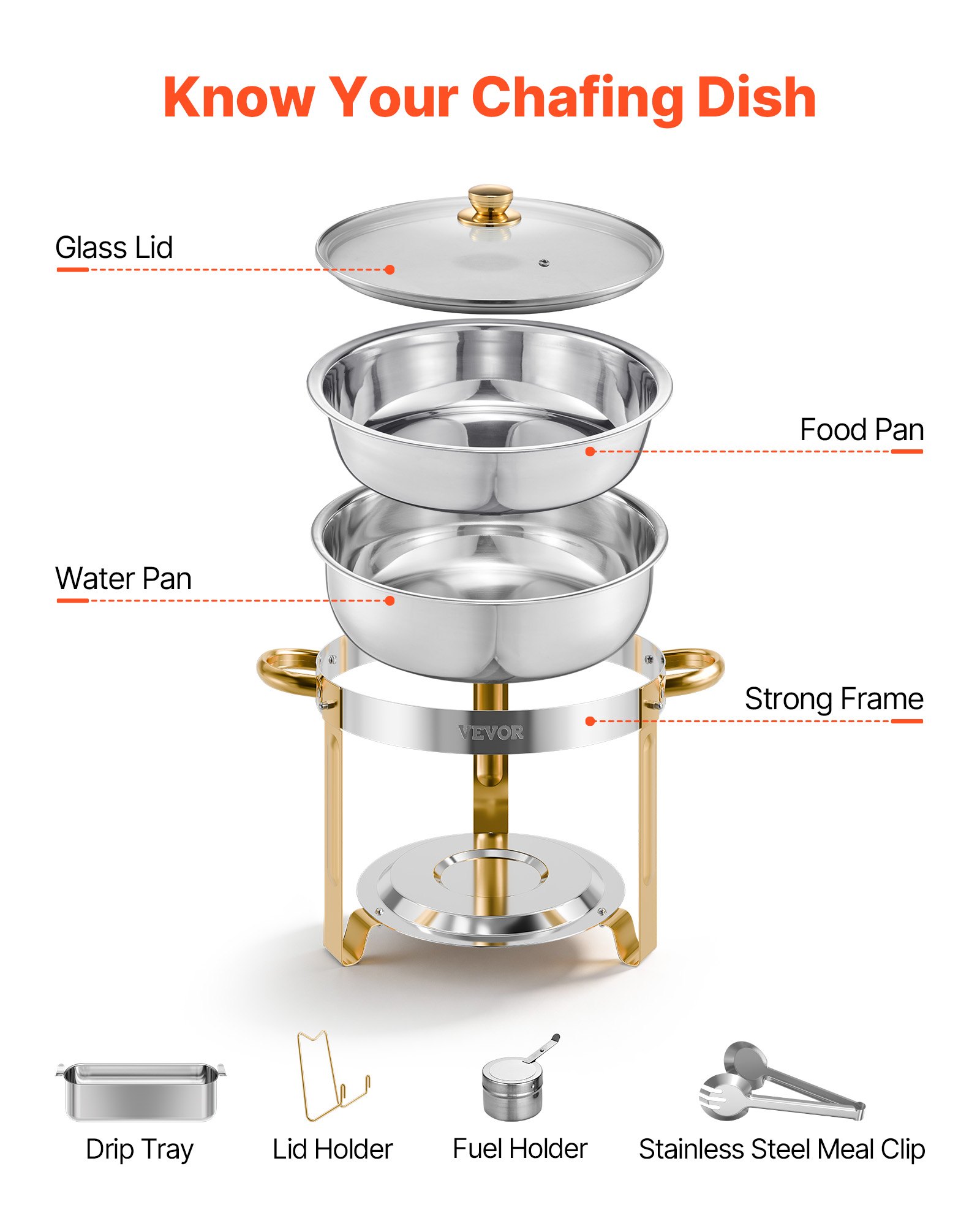 VEVOR Chafing Dish Buffet Food Warmer with 4 Full-Size Containers (4.7 L), Round Catering Heater with Glass Lid, Water Pan, and Foldable Stand, for Wedding Buffets, Gold
