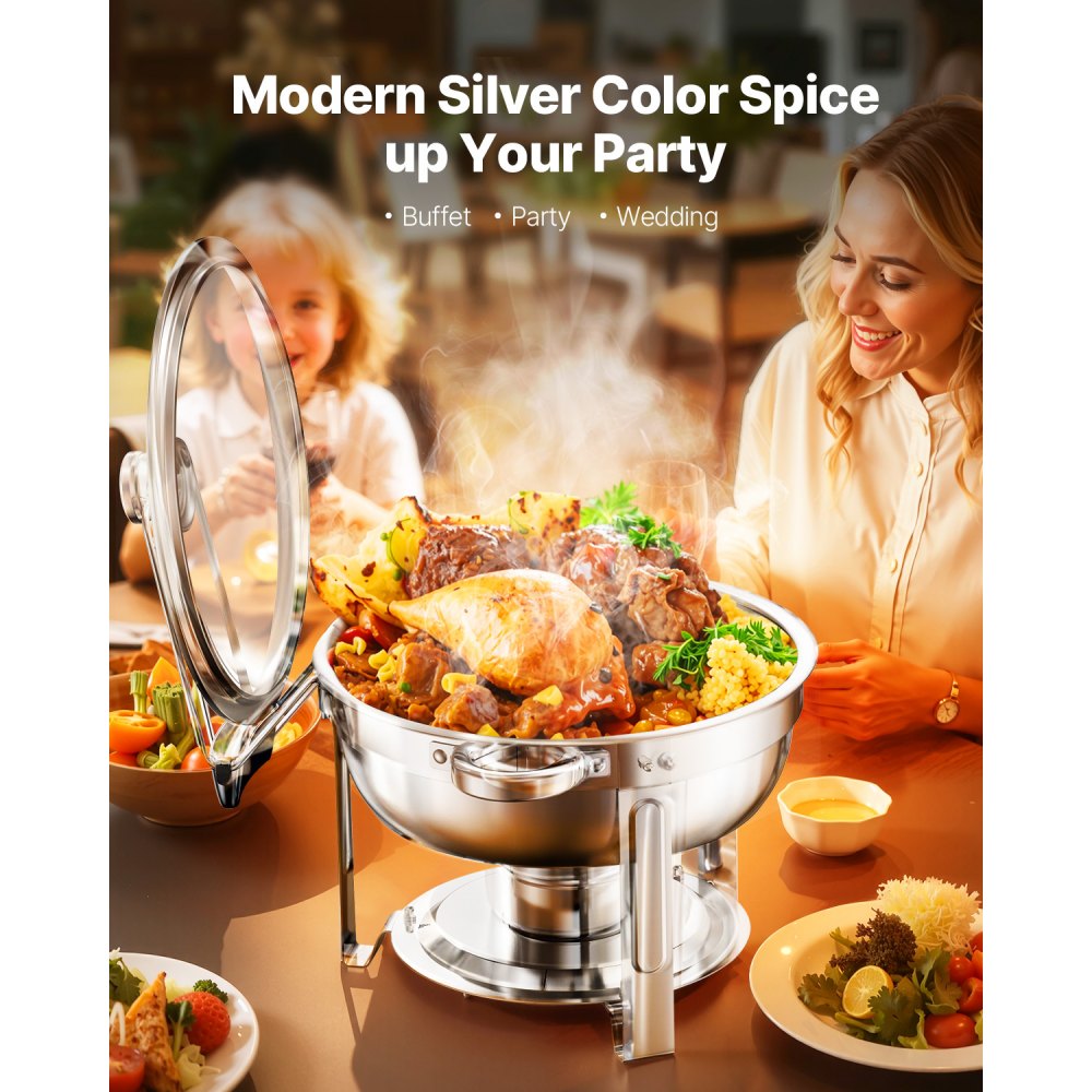 VEVOR Chafing Dish Buffet Speisenwärmer mit 4 Behältern in voller Größe (4,7 L pro), runder Catering-Wärmespender mit Glasdeckel & Wasserpfanne & klappbarer Ständer, für Hochzeiten Buffet Silber