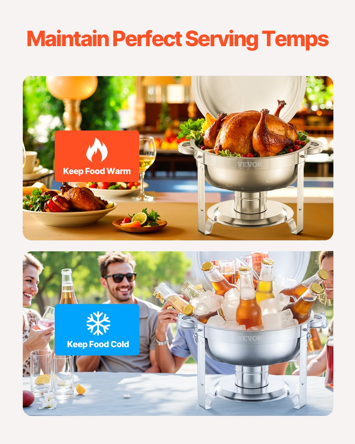 VEVOR Chafing Dish Buffet Speisenwärmer mit 2 Behältern in voller Größe (4,7 L pro), runder Catering-Wärmespender mit Deckel & Brennstoffhalter & Wasserpfanne, für Hochzeiten Partys Silber