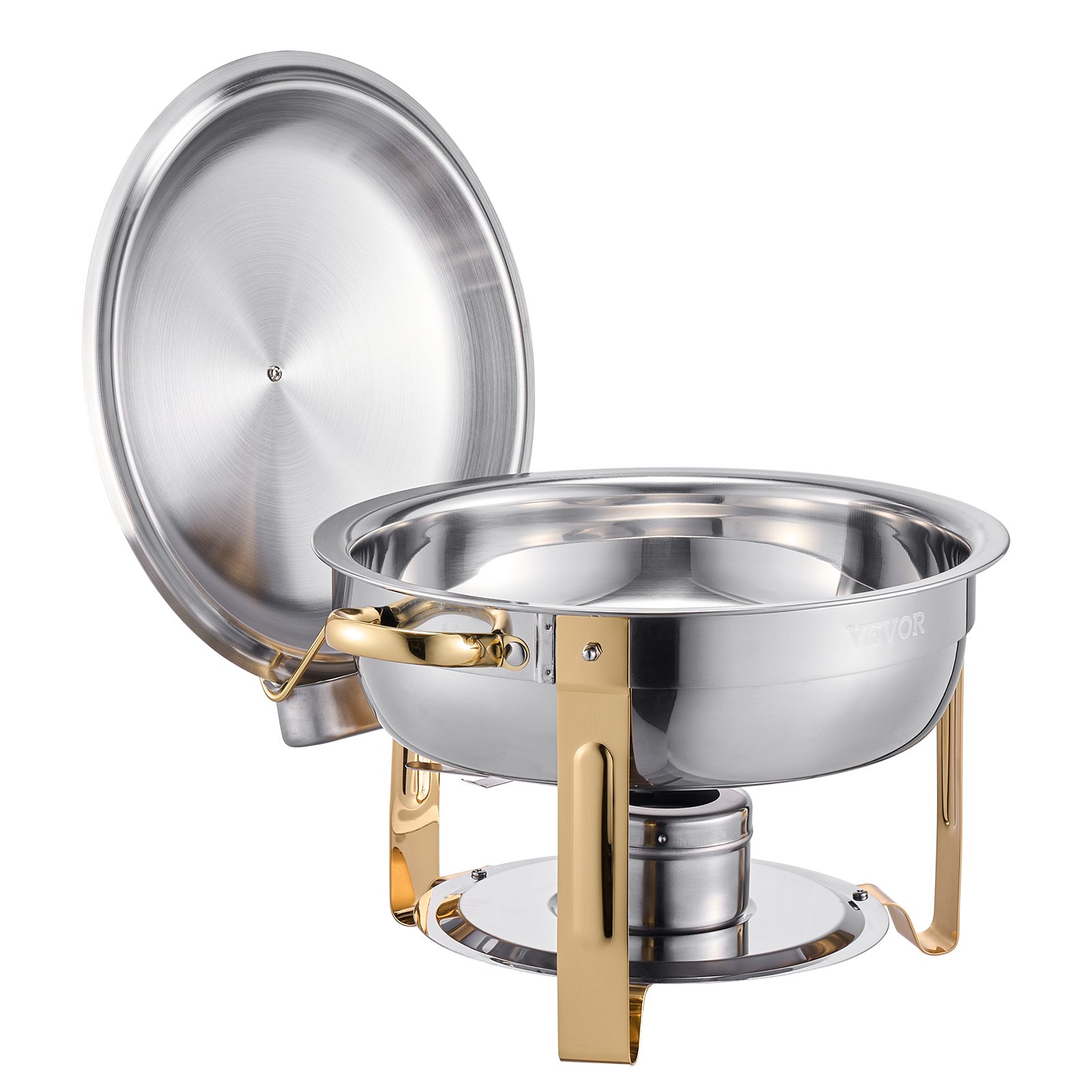 VEVOR Chafing Dish Buffet Speisenwärmer mit 4 Behältern in voller Größe (4,7 L pro), runder Catering-Wärmespender mit Deckel & Wasserpfanne & klappbarer Ständer, für Hochzeiten Partys Golden