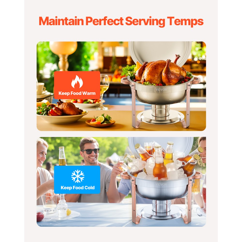 VEVOR Chafing Dish Buffet Speisenwärmer mit 4 Behältern in voller Größe (4,7 L pro), runder Catering-Wärmespender mit Deckel & Wasserpfanne & klappbarer Ständer, für Hochzeiten Partys Roségold