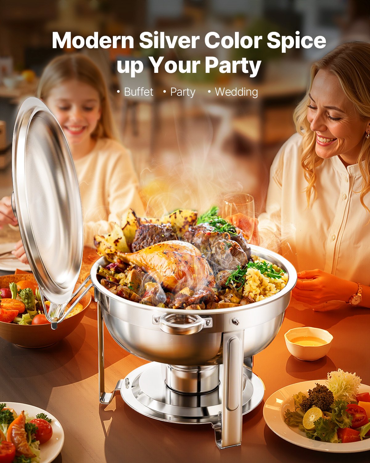 VEVOR Chafing Dish Buffet Speisenwärmer mit 4 Behältern in voller Größe (4,7 L pro), runder Catering-Wärmespender mit Deckel & Wasserpfanne & klappbarer Ständer, für Hochzeiten Partys Silber