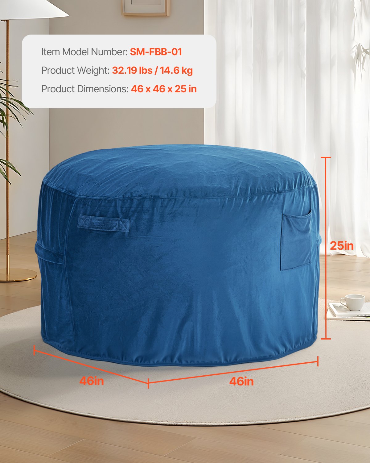 VEVOR runder Sitzsack Sitzkissen Bean Bag Erwachsene (1168 x 1168 x 635 mm) mit abnehmbarem & waschbarem Bezug, gefüllt mit niederländischem Samt & hochdichtem Schaumstoff, für Schlafzimmer Blau