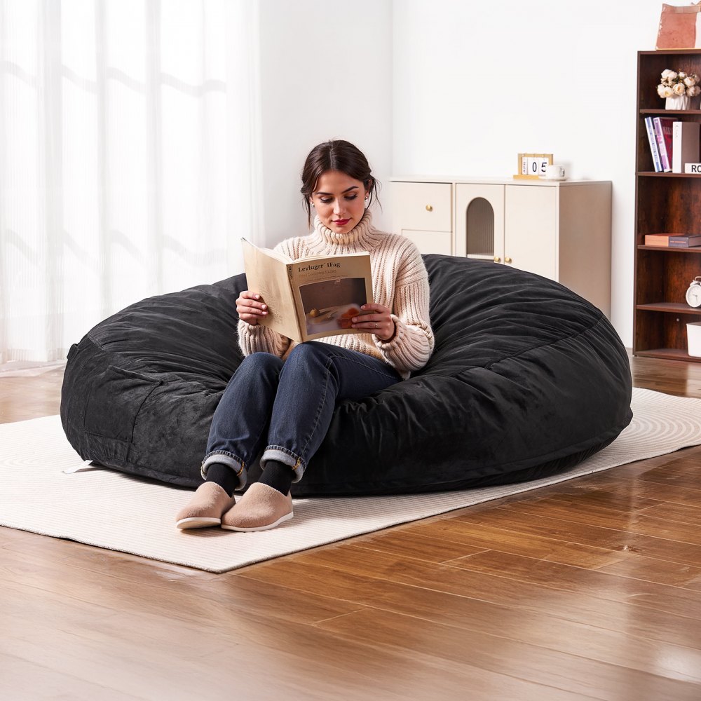 VEVOR runder Sitzsack Sitzkissen Bean Bag Erwachsene (1829 x 1829 x 508 mm) mit abnehmbarem & waschbarem Bezug, gefüllt mit holländischem Samt und hochdichtem Schaumstoff, Schlafzimmer Schwarz