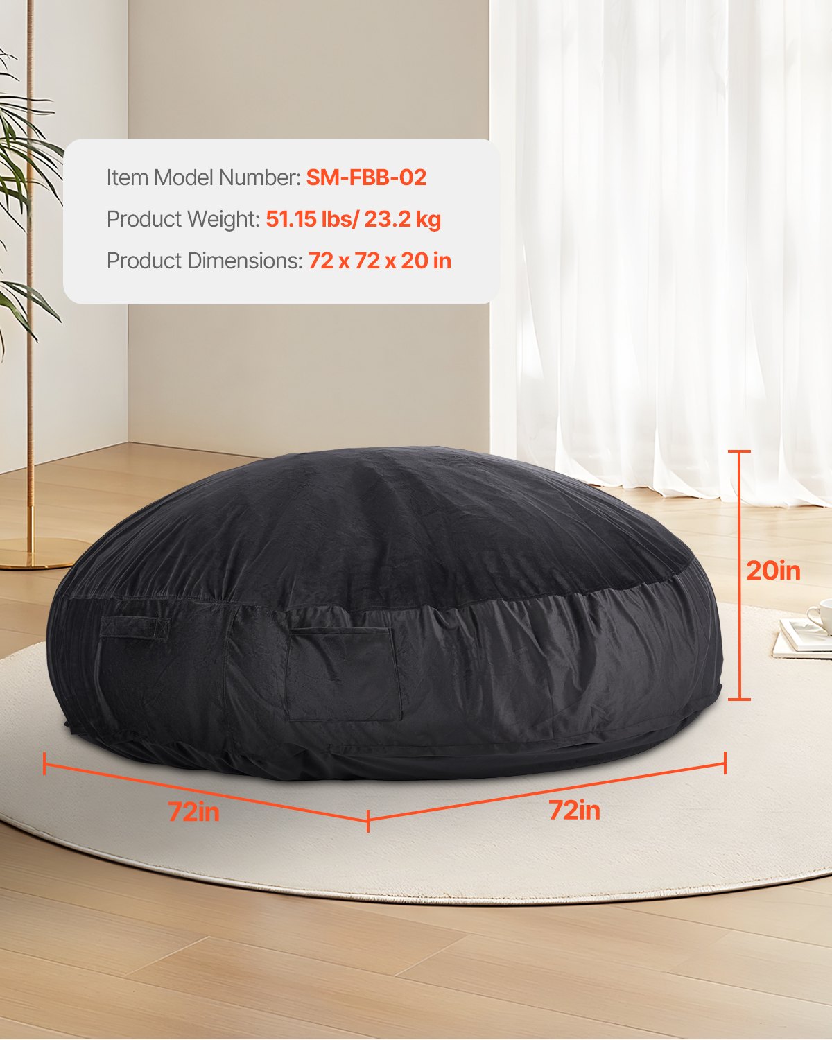 VEVOR runder Sitzsack Sitzkissen Bean Bag Erwachsene (1829 x 1829 x 508 mm) mit abnehmbarem & waschbarem Bezug, gefüllt mit holländischem Samt und hochdichtem Schaumstoff, Schlafzimmer Schwarz