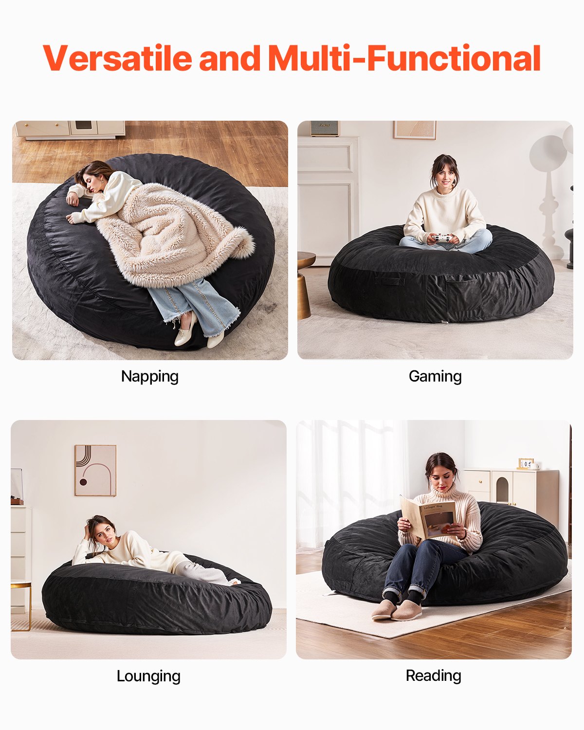 VEVOR runder Sitzsack Sitzkissen Bean Bag Erwachsene (1829 x 1829 x 508 mm) mit abnehmbarem & waschbarem Bezug, gefüllt mit holländischem Samt und hochdichtem Schaumstoff, Schlafzimmer Schwarz