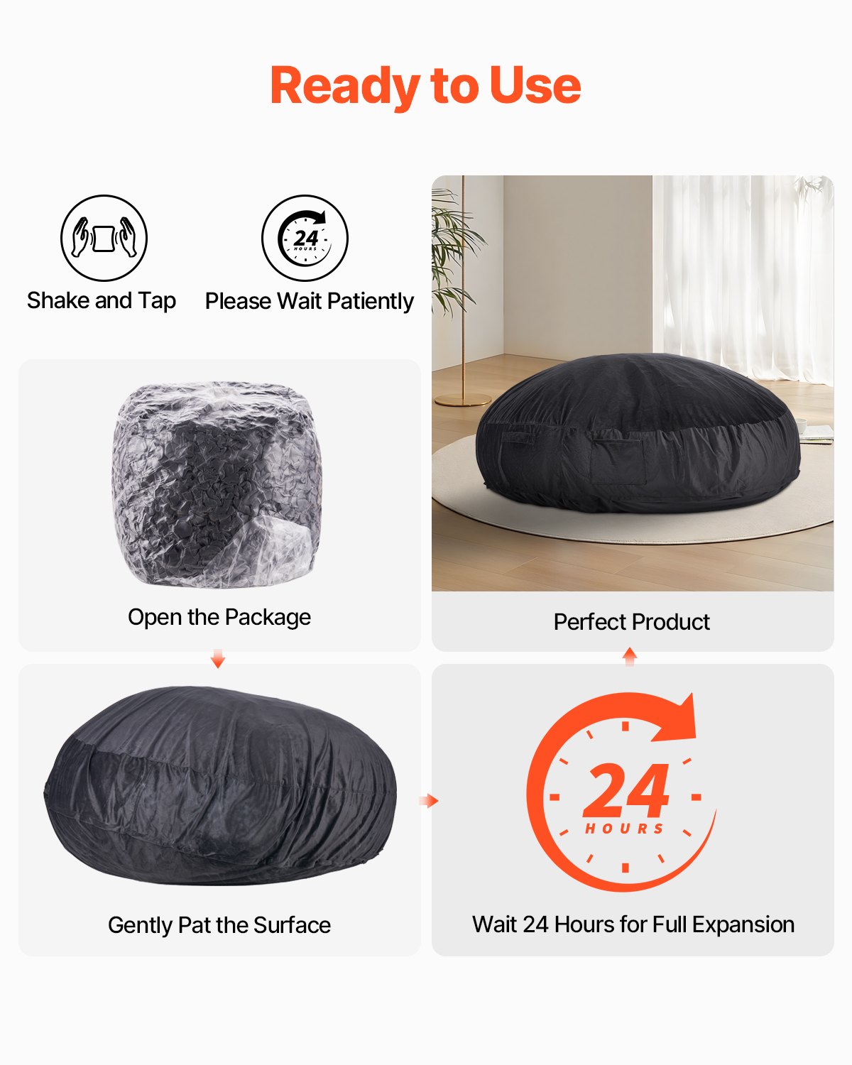 VEVOR runder Sitzsack Sitzkissen Bean Bag Erwachsene (1829 x 1829 x 508 mm) mit abnehmbarem & waschbarem Bezug, gefüllt mit holländischem Samt und hochdichtem Schaumstoff, Schlafzimmer Schwarz